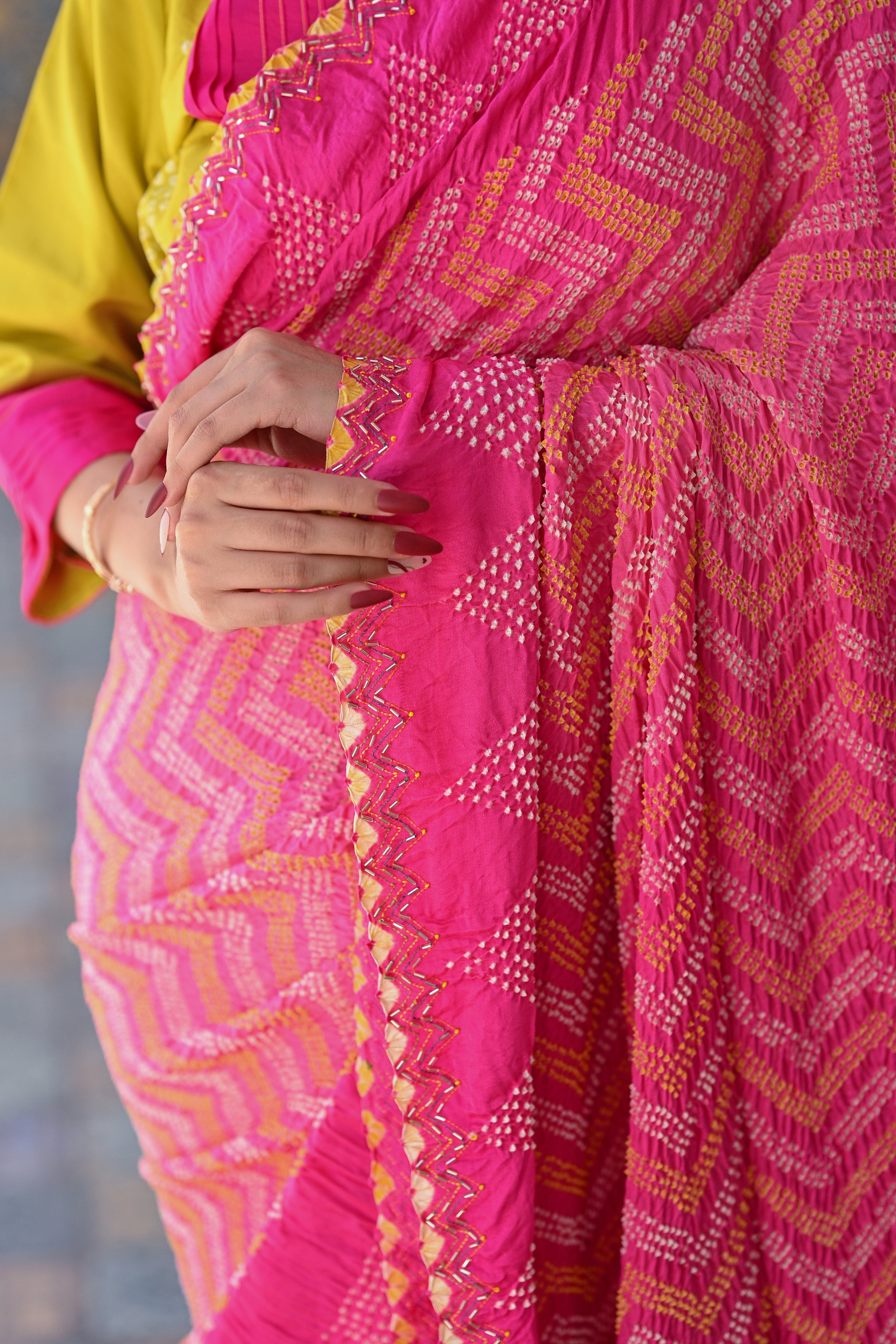 PINK CHEVRON EMBROIDERED SILK BANDHANI SAREE WITH TASSELS