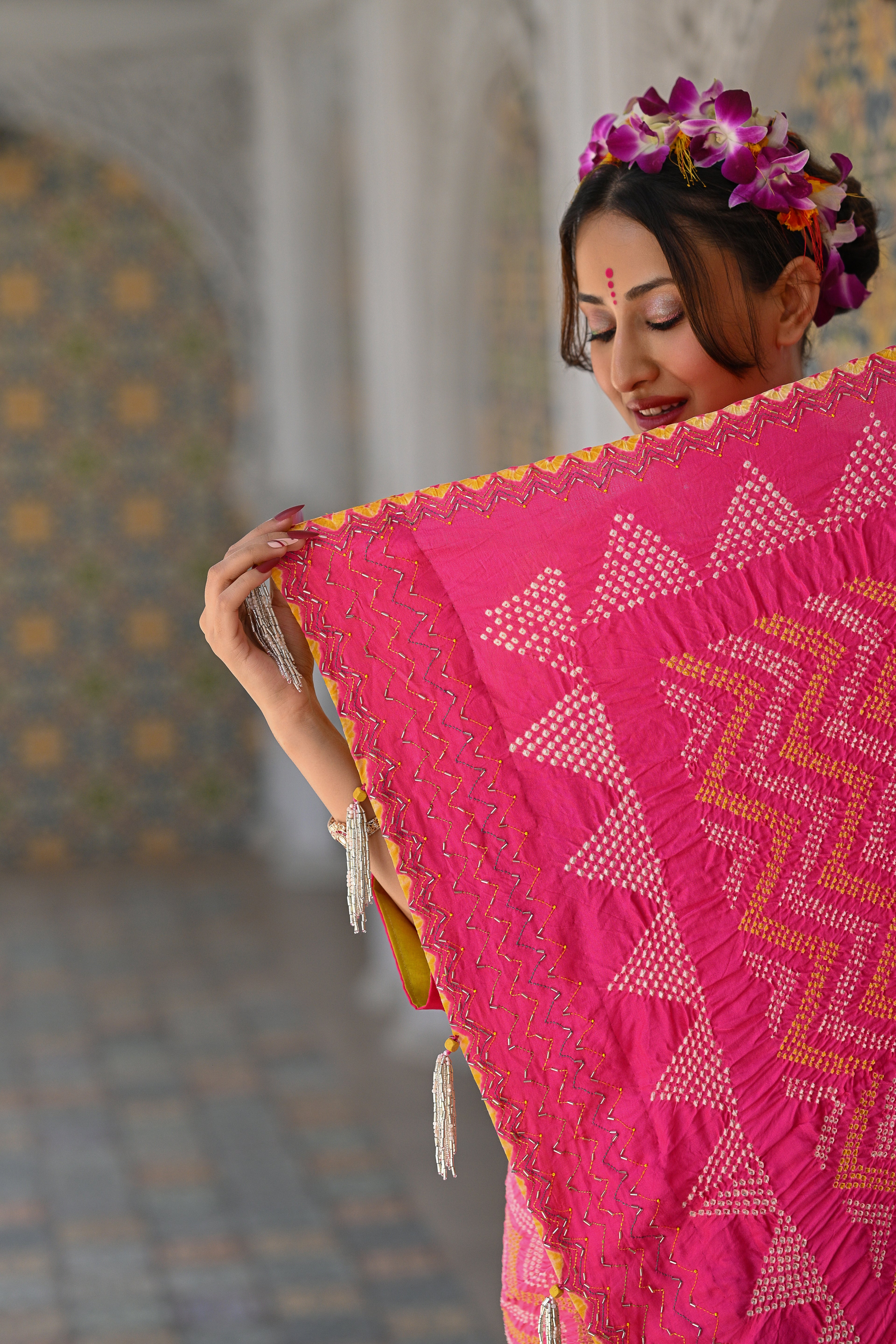 PINK CHEVRON EMBROIDERED SILK BANDHANI SAREE WITH TASSELS