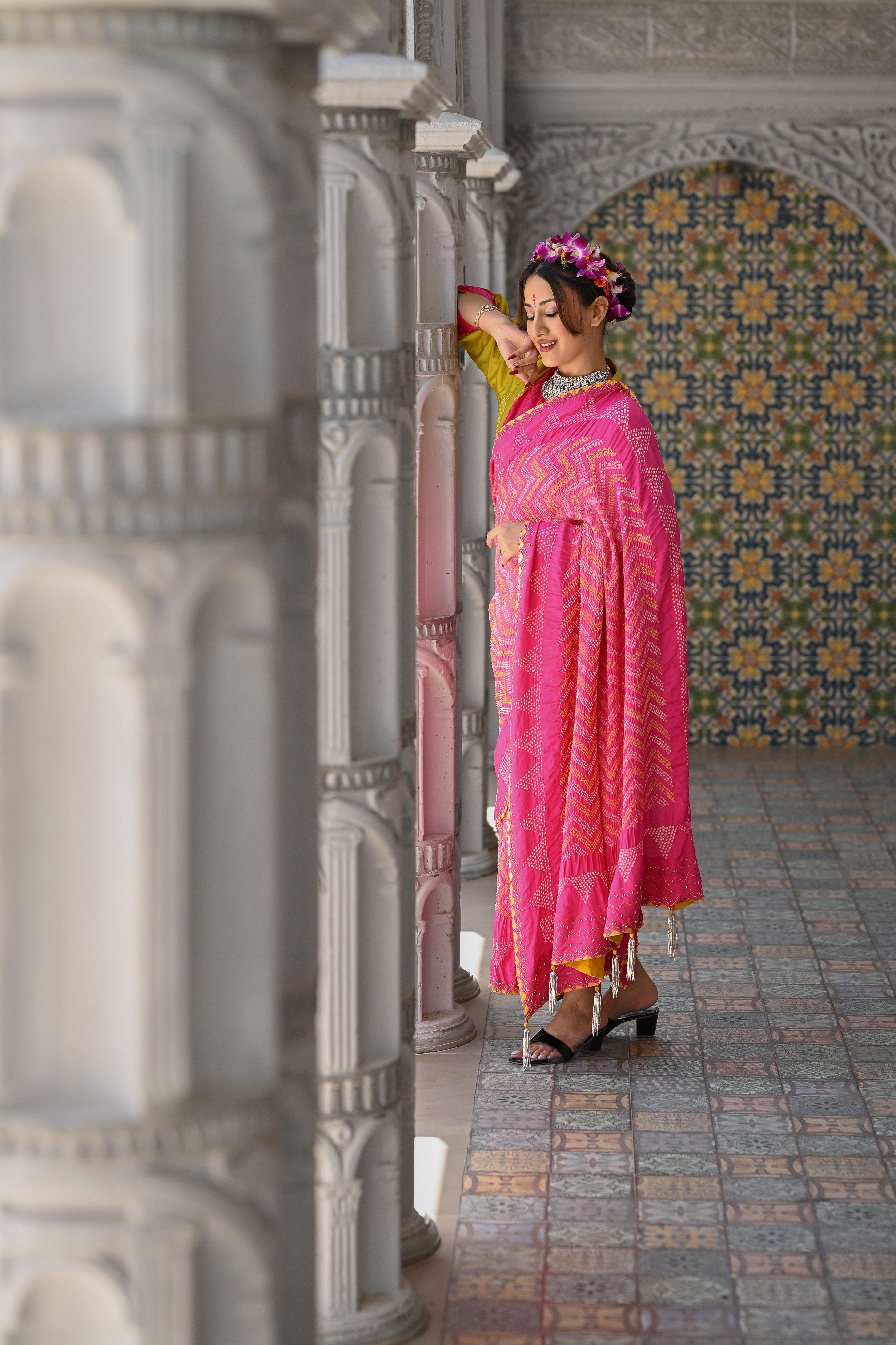 PINK CHEVRON EMBROIDERED SILK BANDHANI SAREE WITH TASSELS