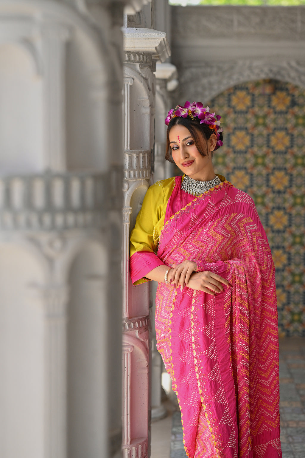 PINK CHEVRON EMBROIDERED SILK BANDHANI SAREE WITH TASSELS