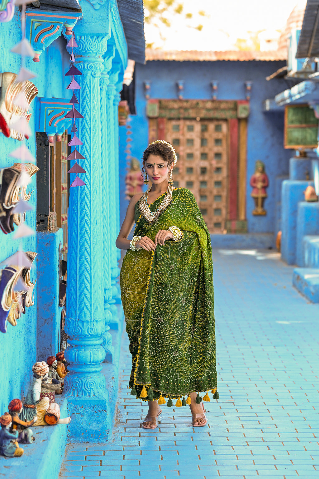 GREEN POPPY FLOWER SILK BANDHANI EMBROIDERED SAREE WITH TASSELS