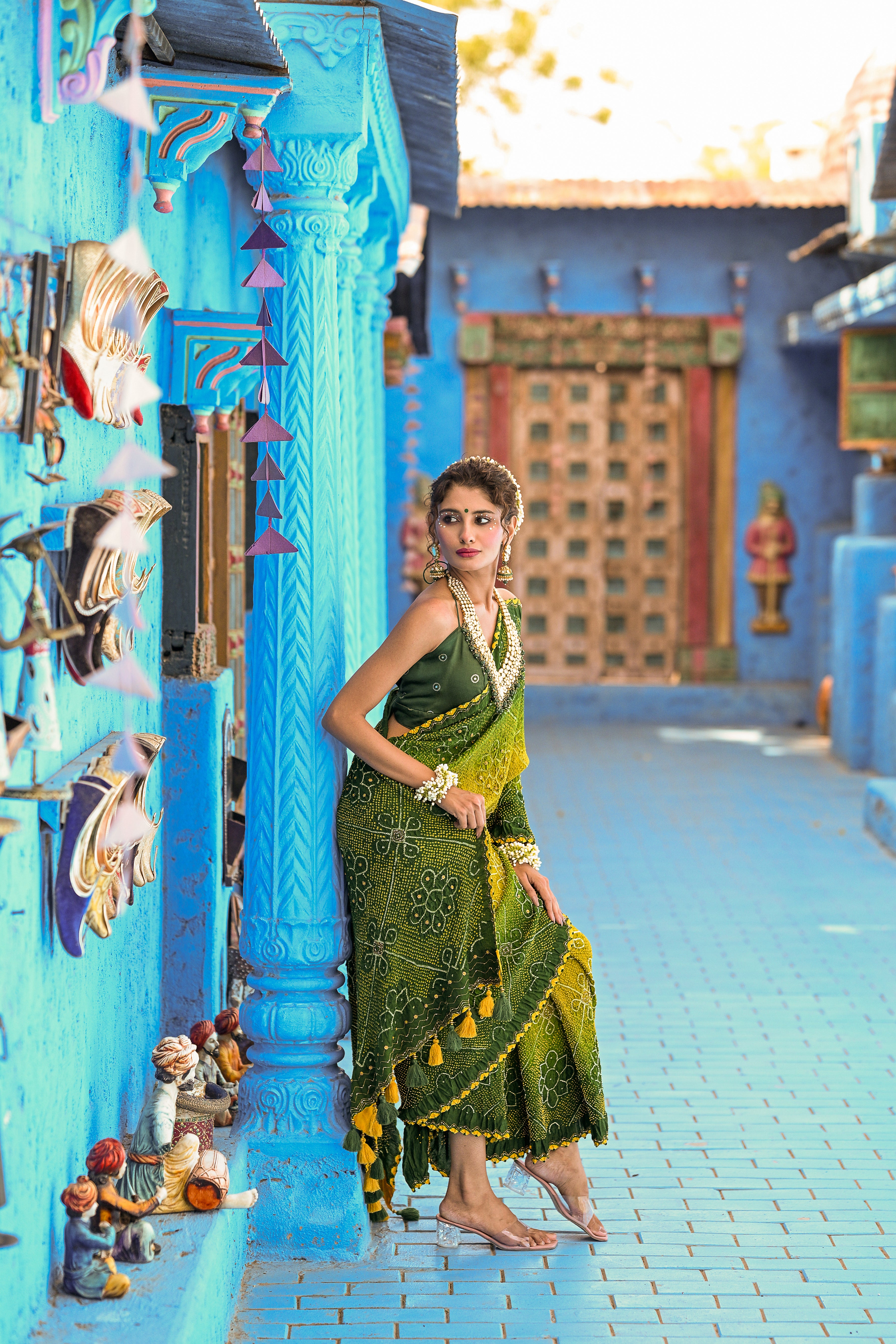 GREEN POPPY FLOWER SILK BANDHANI EMBROIDERED SAREE WITH TASSELS