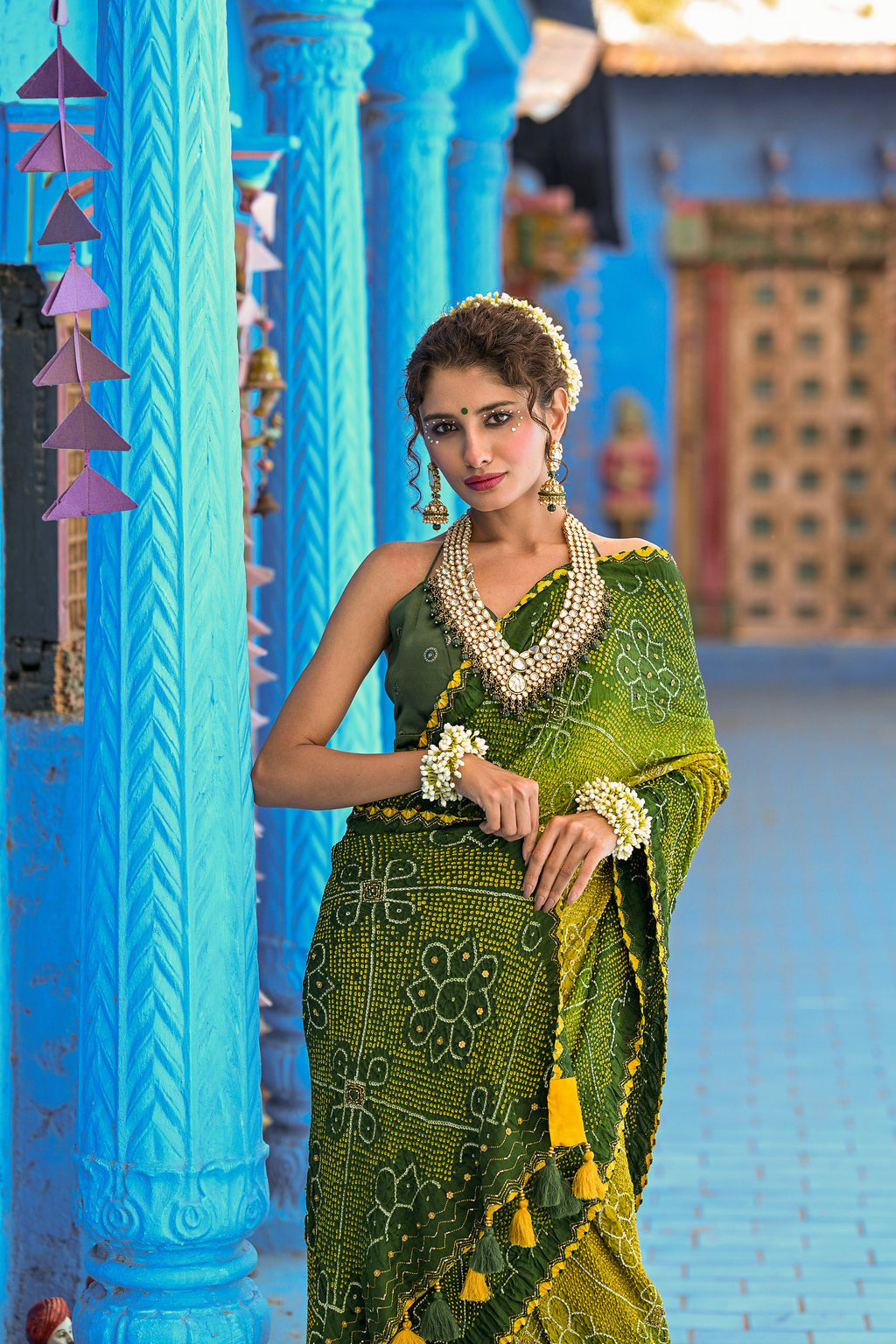 GREEN POPPY FLOWER SILK BANDHANI EMBROIDERED SAREE WITH TASSELS