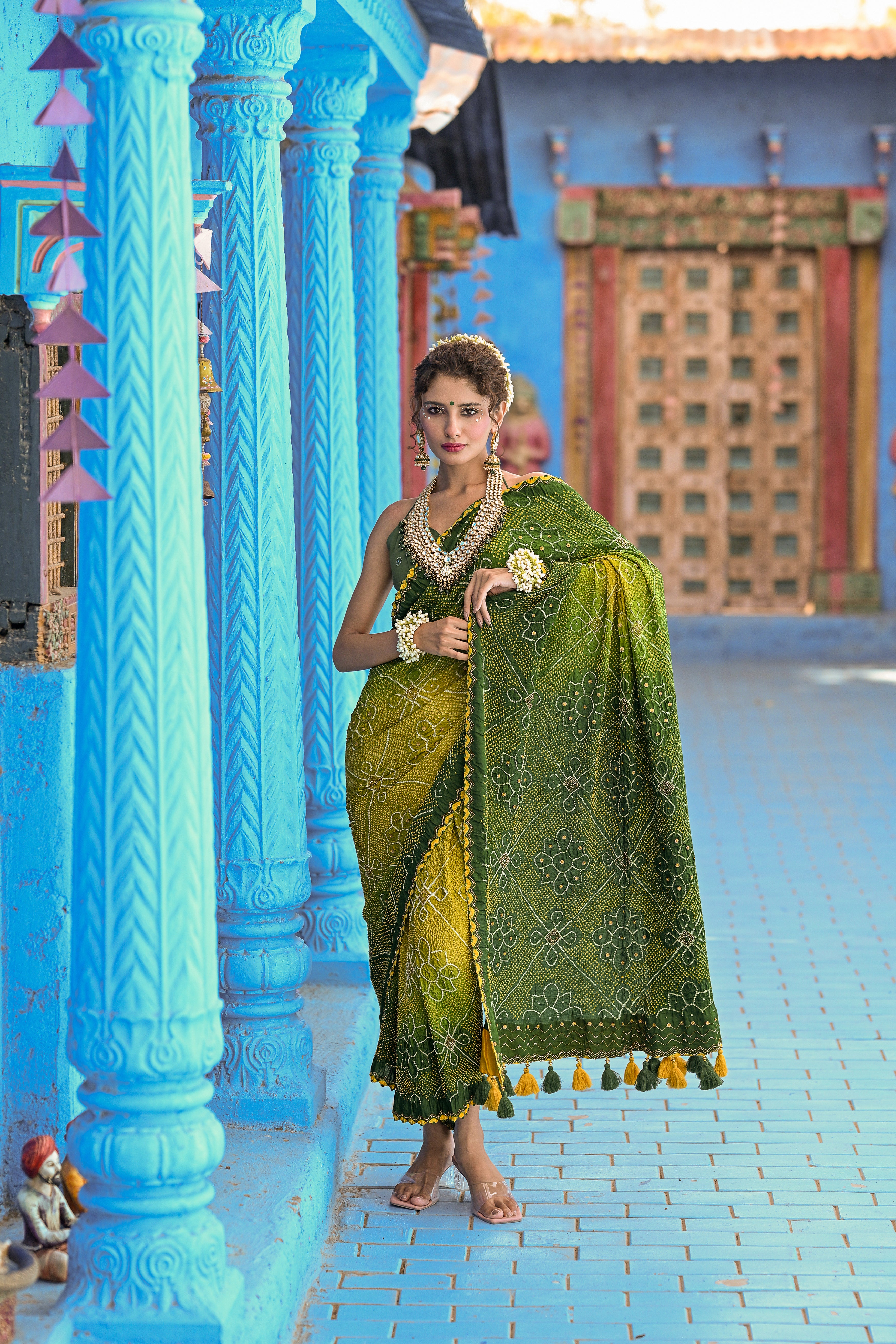 GREEN POPPY FLOWER SILK BANDHANI EMBROIDERED SAREE WITH TASSELS