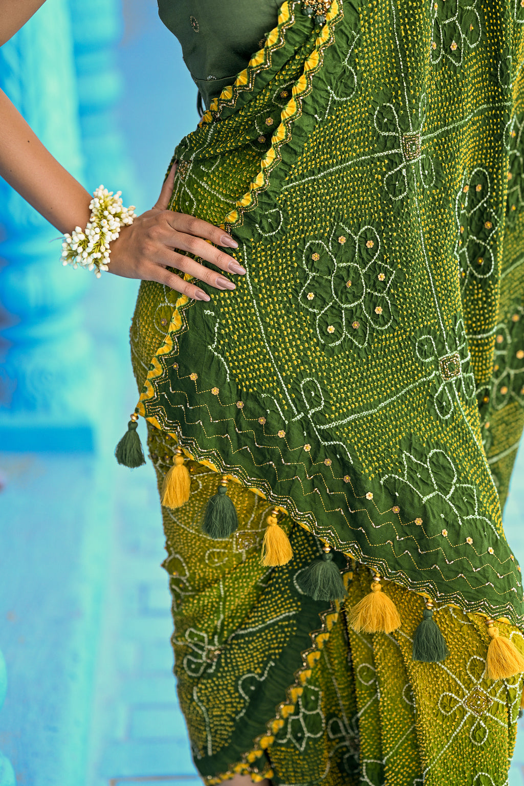 GREEN POPPY FLOWER SILK BANDHANI EMBROIDERED SAREE WITH TASSELS