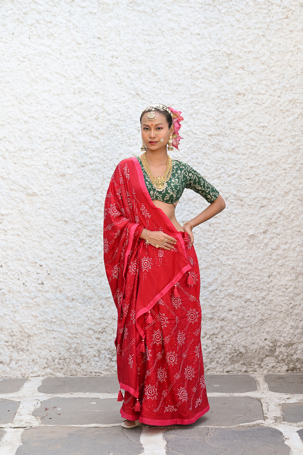 RED CLASSIC TRADITIONAL EMBROIDERED SILK BANDHANI SAREE WITH TASSELS