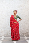 RED CLASSIC TRADITIONAL EMBROIDERED SILK BANDHANI SAREE WITH TASSELS