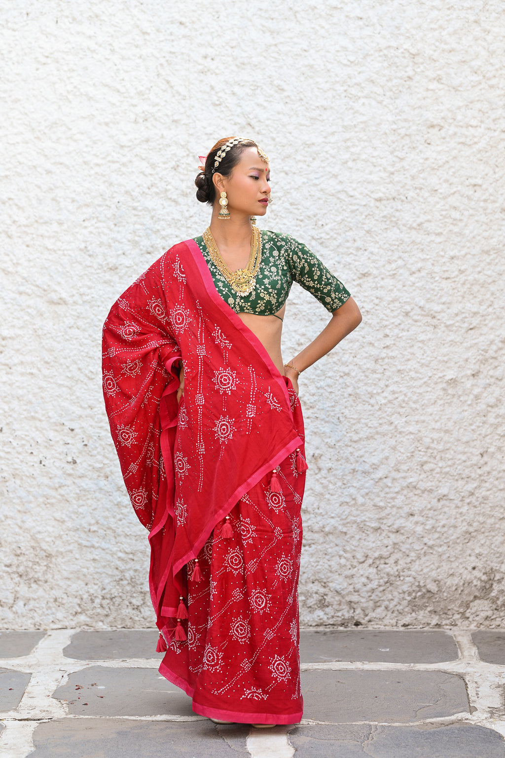 RED CLASSIC TRADITIONAL EMBROIDERED SILK BANDHANI SAREE WITH TASSELS