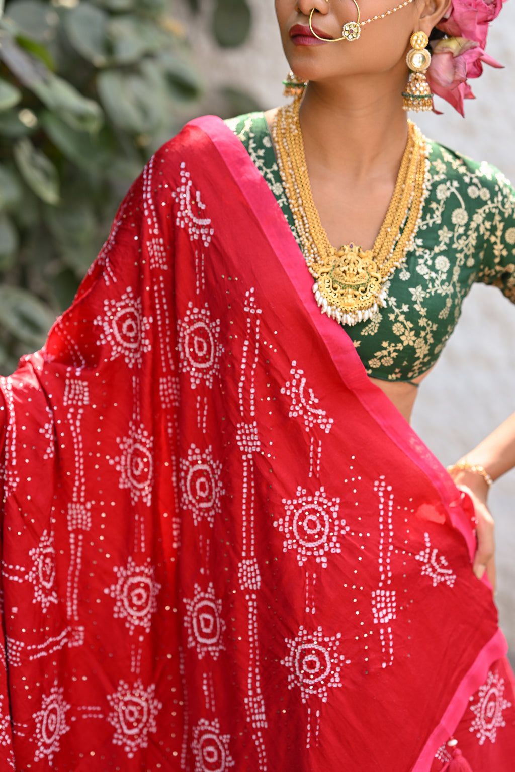 RED CLASSIC TRADITIONAL EMBROIDERED SILK BANDHANI SAREE WITH TASSELS