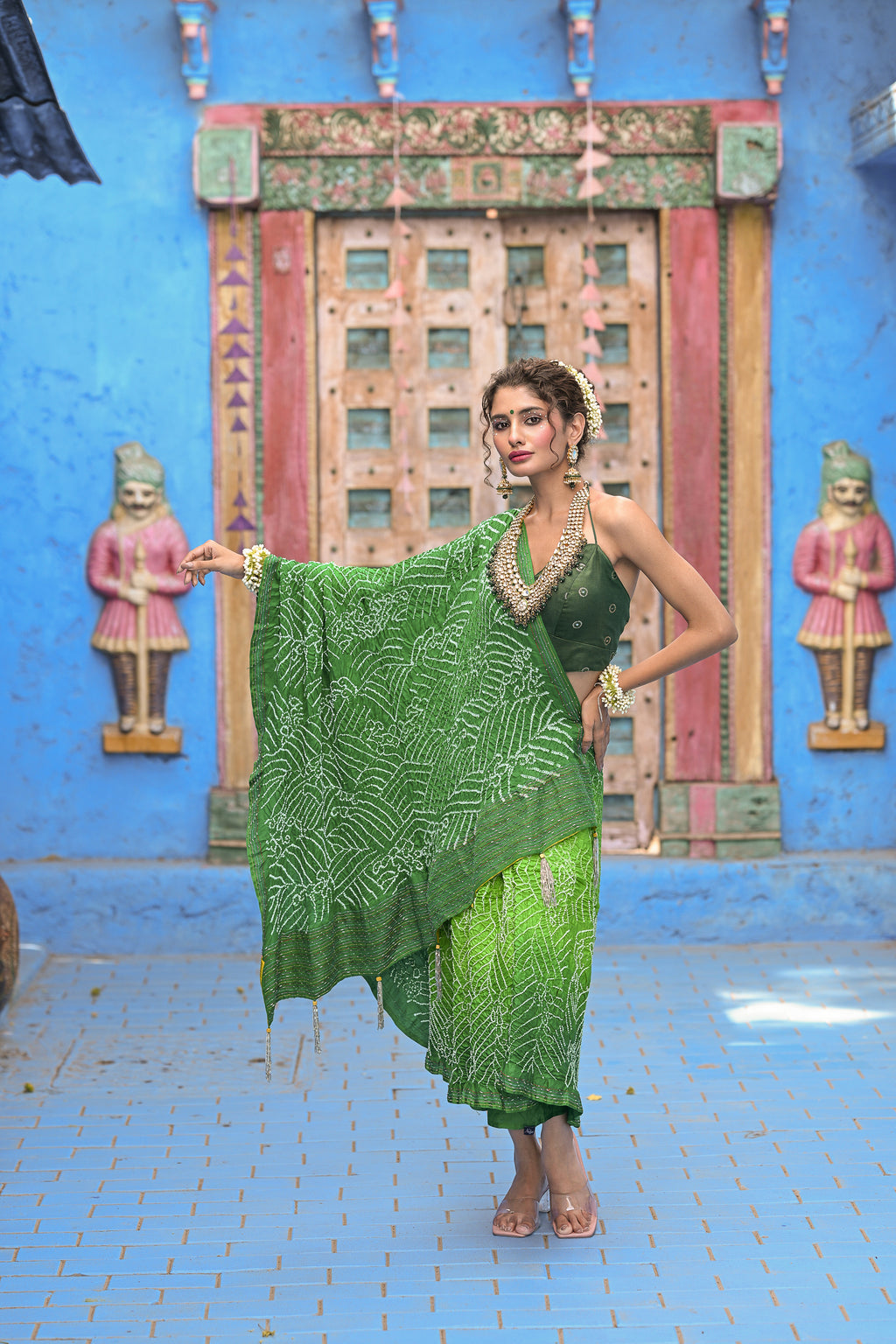 GREEN JAPANESE WAVE BANDHANI SILK EMBROIDERED SAREE WITH TASSELS
