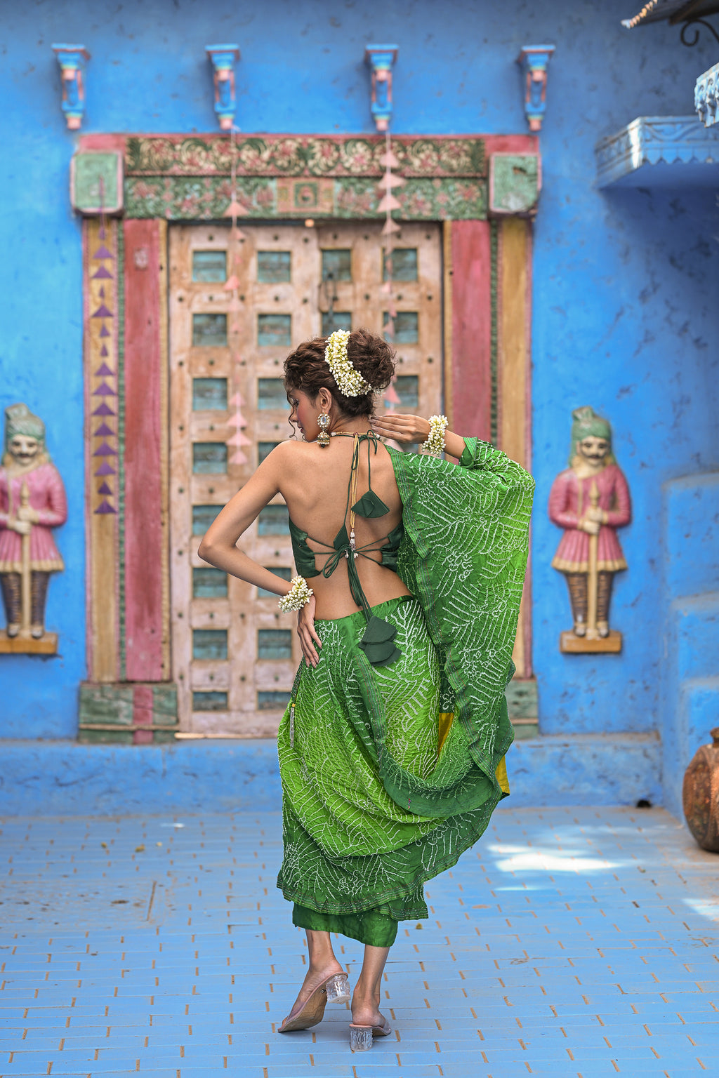 GREEN JAPANESE WAVE BANDHANI SILK EMBROIDERED SAREE WITH TASSELS