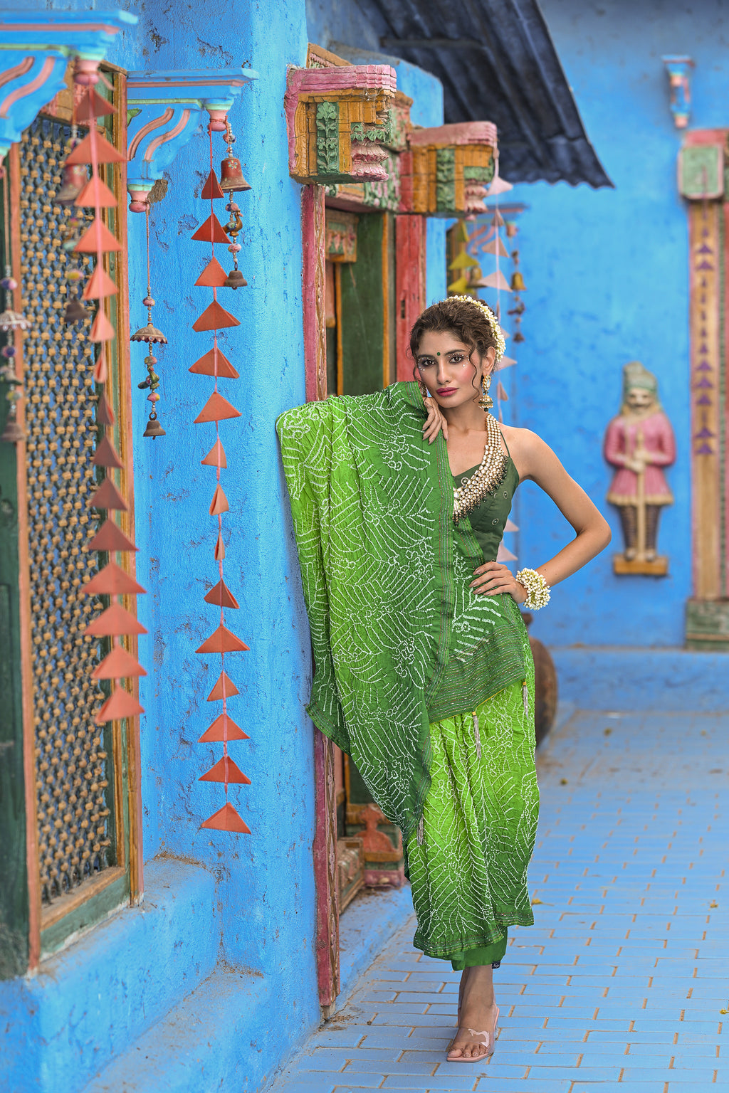GREEN JAPANESE WAVE BANDHANI SILK EMBROIDERED SAREE WITH TASSELS