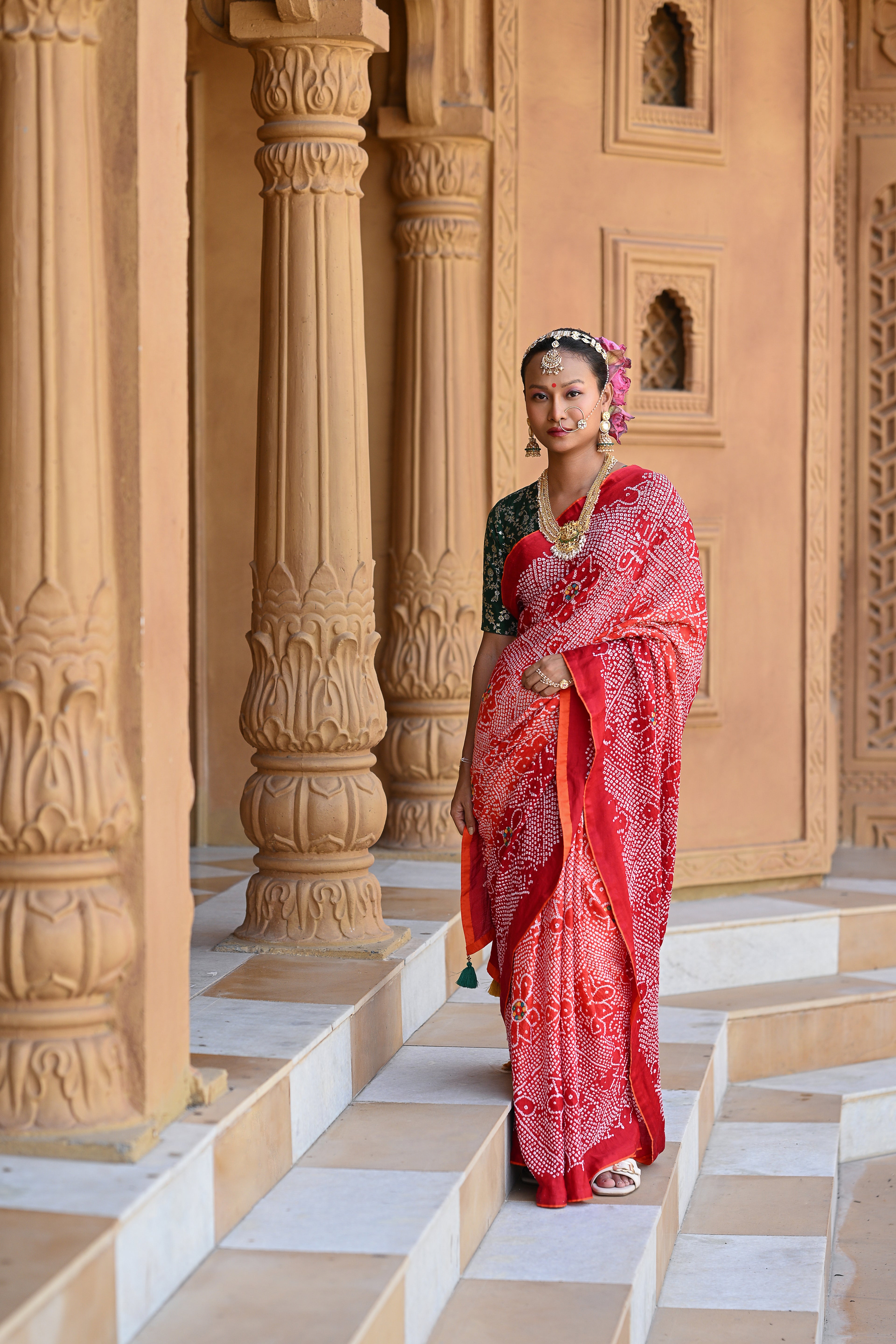 RED POPPY FLOWER EMBROIDERED SILK BANDHANI SAREE WITH TASSELS