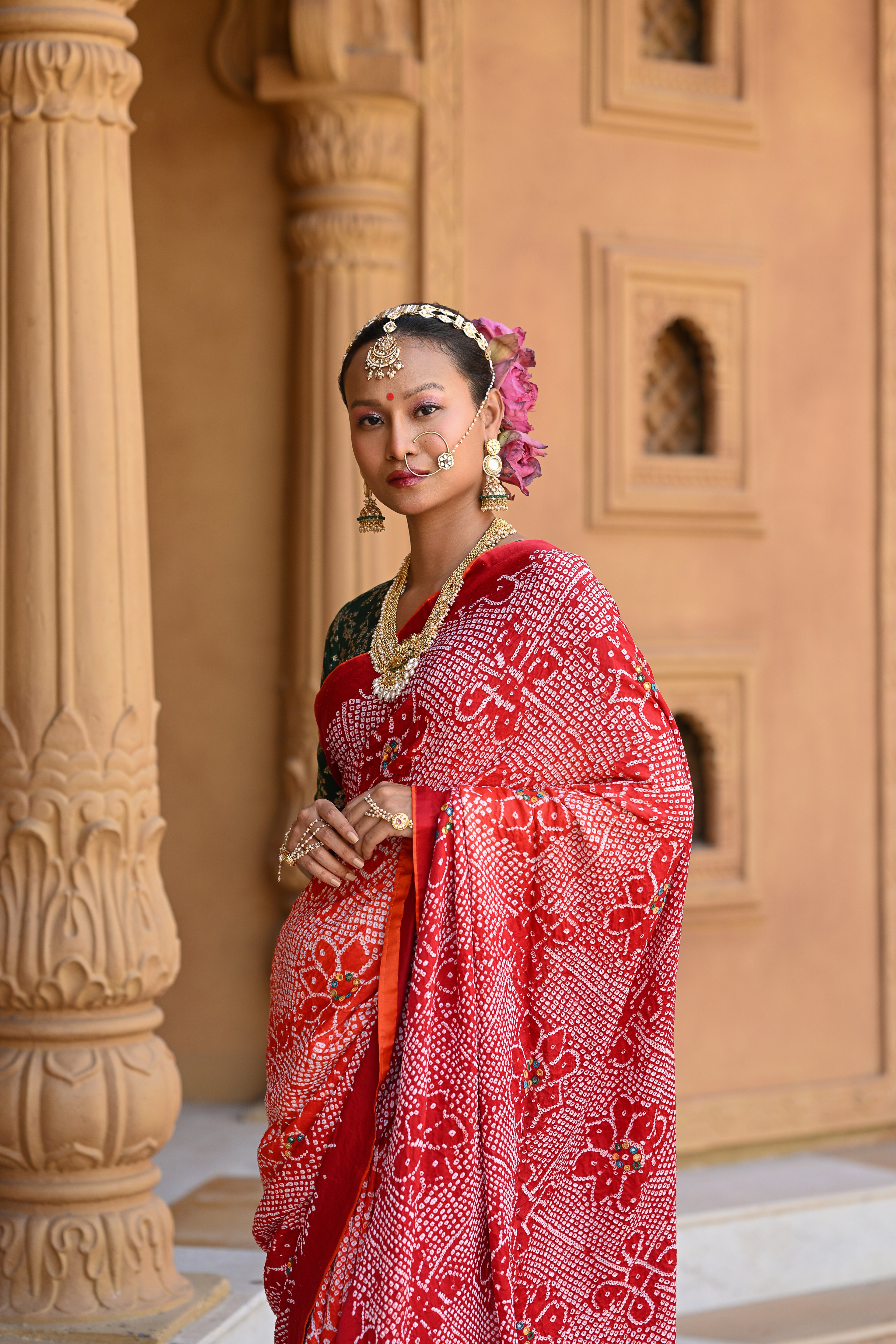 RED POPPY FLOWER EMBROIDERED SILK BANDHANI SAREE WITH TASSELS