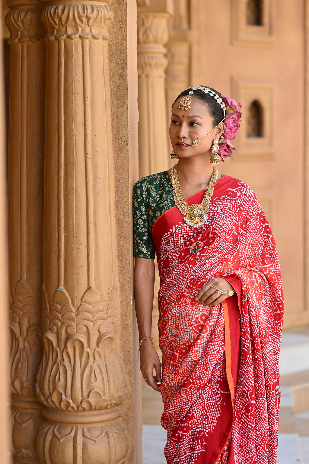 RED POPPY FLOWER EMBROIDERED SILK BANDHANI SAREE WITH TASSELS