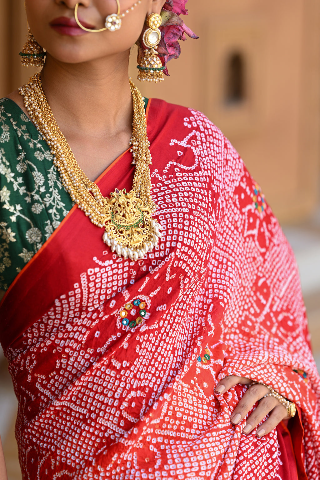 RED POPPY FLOWER EMBROIDERED SILK BANDHANI SAREE WITH TASSELS
