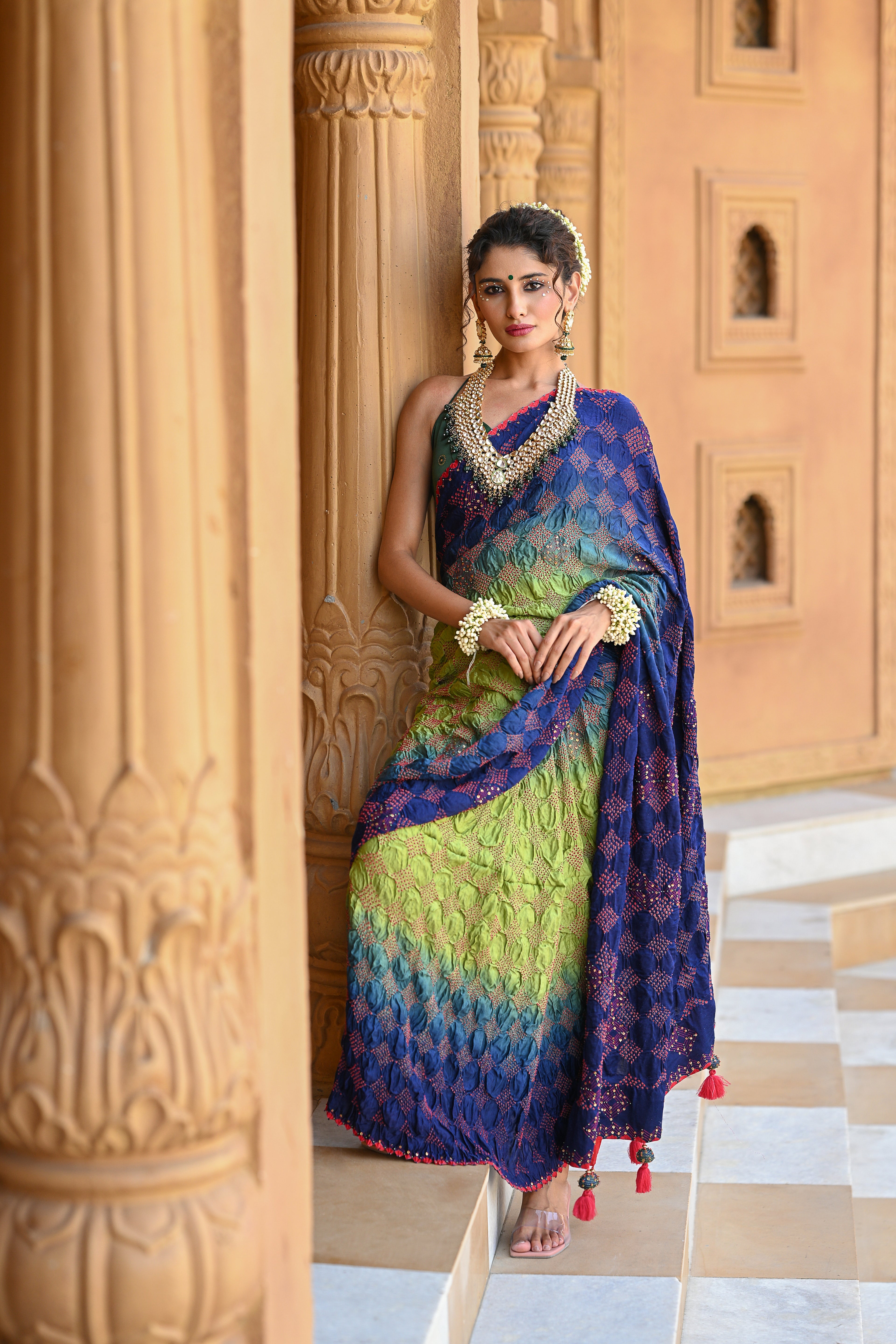 BLUE - GREEN SQUARE EMBROIDERED SILK BANDHANI WITH TASSELS