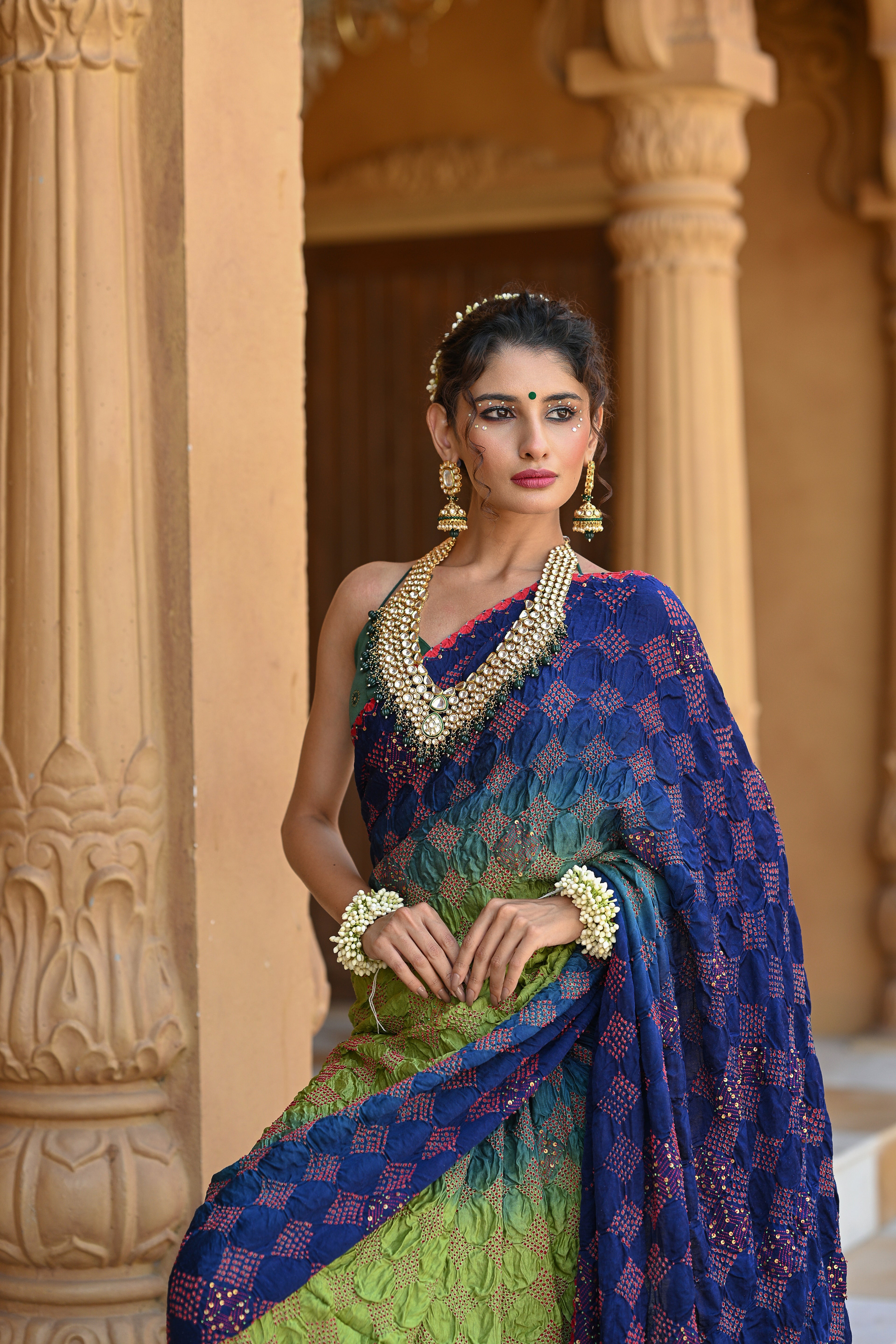 BLUE - GREEN DIAMOND EMBROIDERED SILK BANDHANI SAREE WITH TASSELS