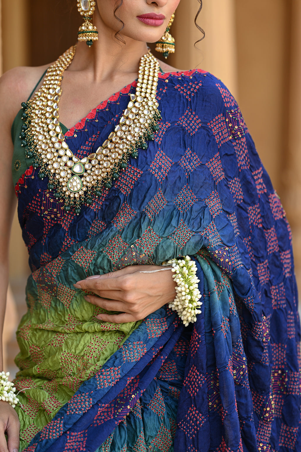BLUE - GREEN DIAMOND EMBROIDERED SILK BANDHANI SAREE WITH TASSELS
