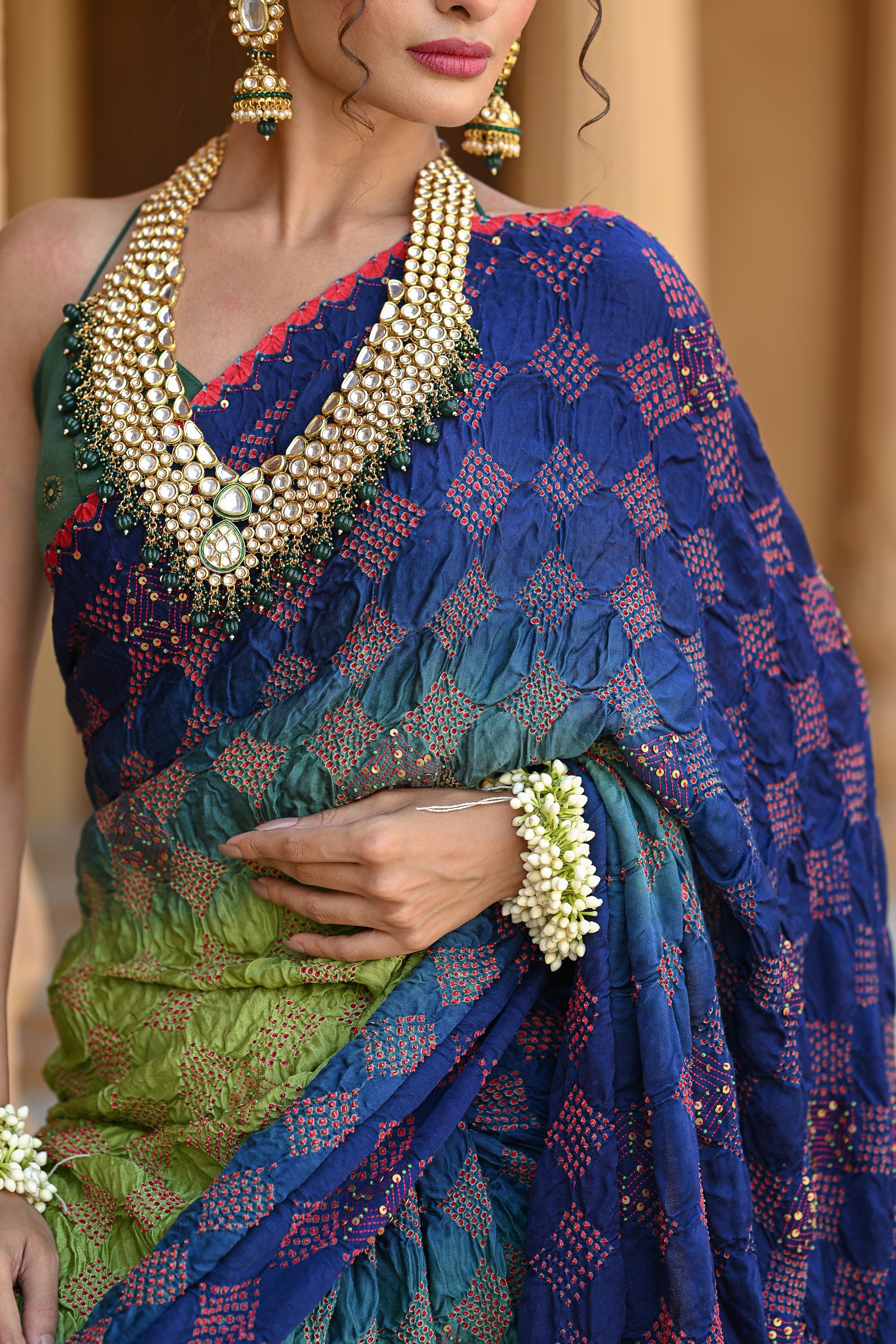 BLUE - GREEN DIAMOND EMBROIDERED SILK BANDHANI SAREE WITH TASSELS