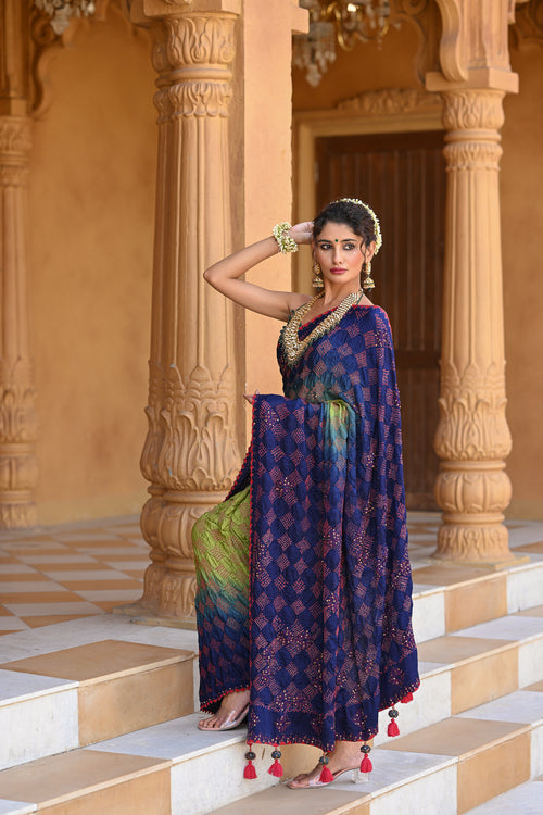 BLUE - GREEN DIAMOND EMBROIDERED SILK BANDHANI SAREE WITH TASSELS