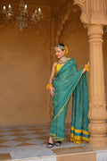 BLUE CHEVRON SILK BANDHANI EMBROIDERD SAREE WITH TASSELS
