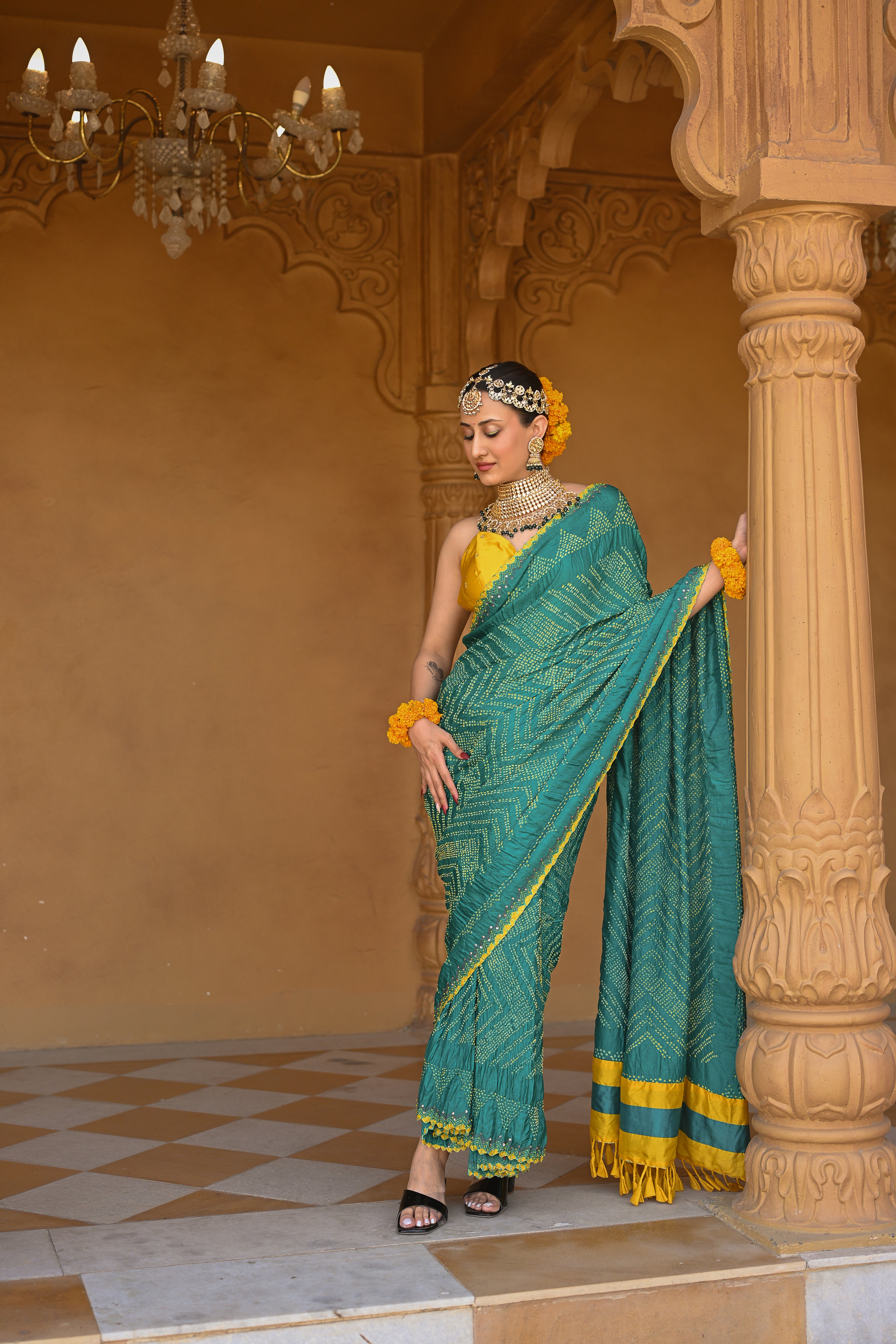 BLUE CHEVRON SILK BANDHANI EMBROIDERD SAREE WITH TASSELS
