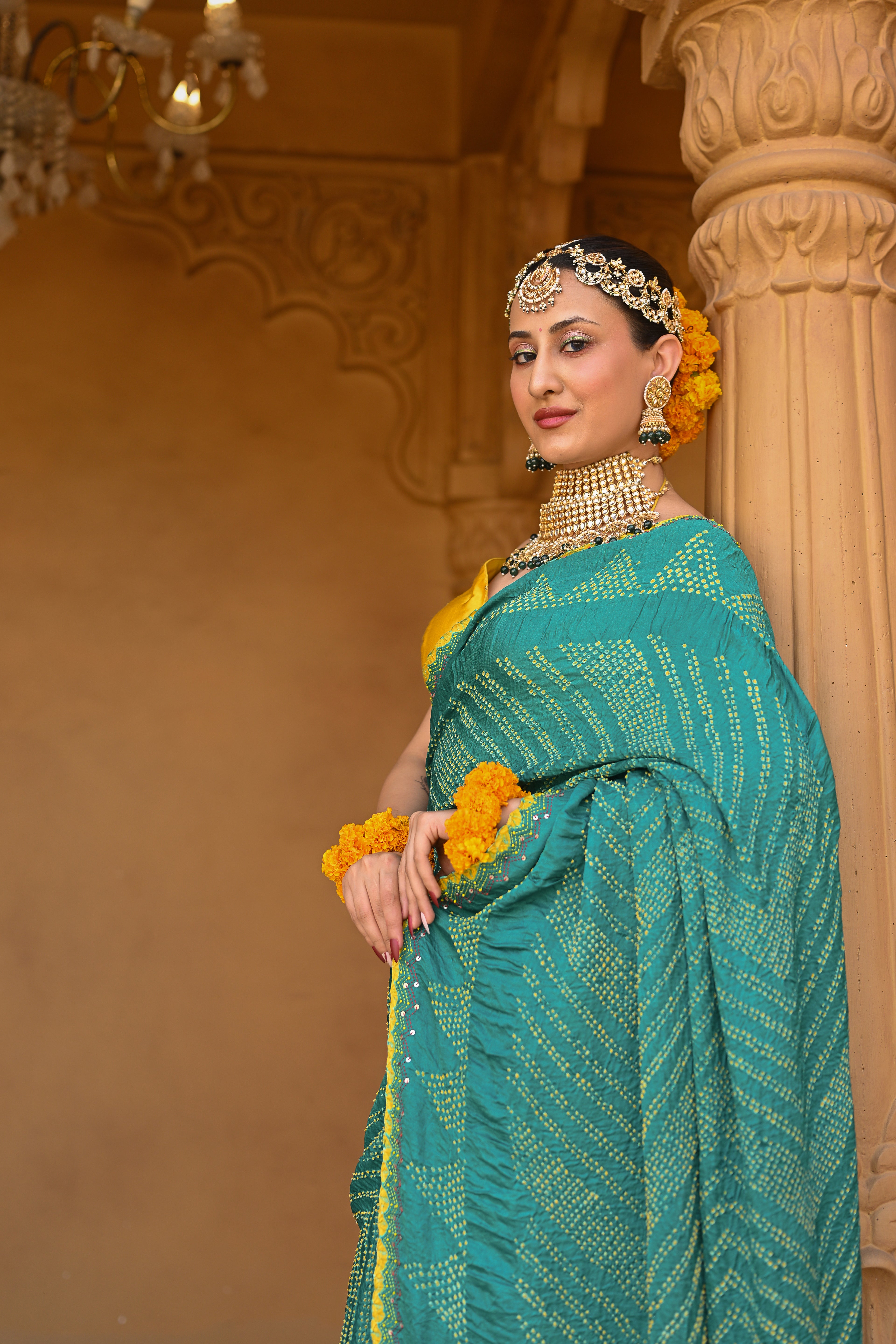 BLUE CHEVRON SILK BANDHANI EMBROIDERD SAREE WITH TASSELS