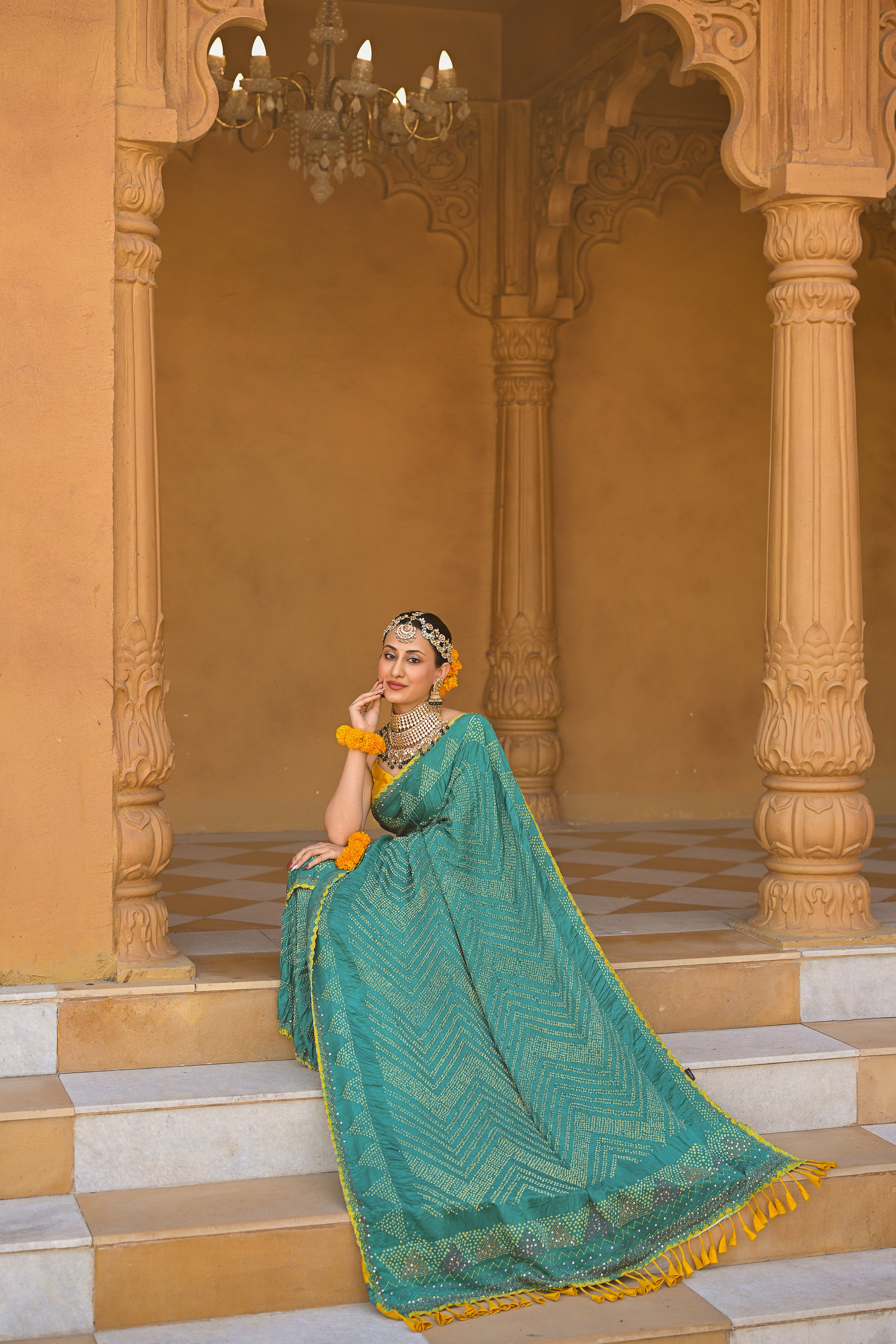 BLUE CHEVRON SILK BANDHANI EMBROIDERD SAREE WITH TASSELS