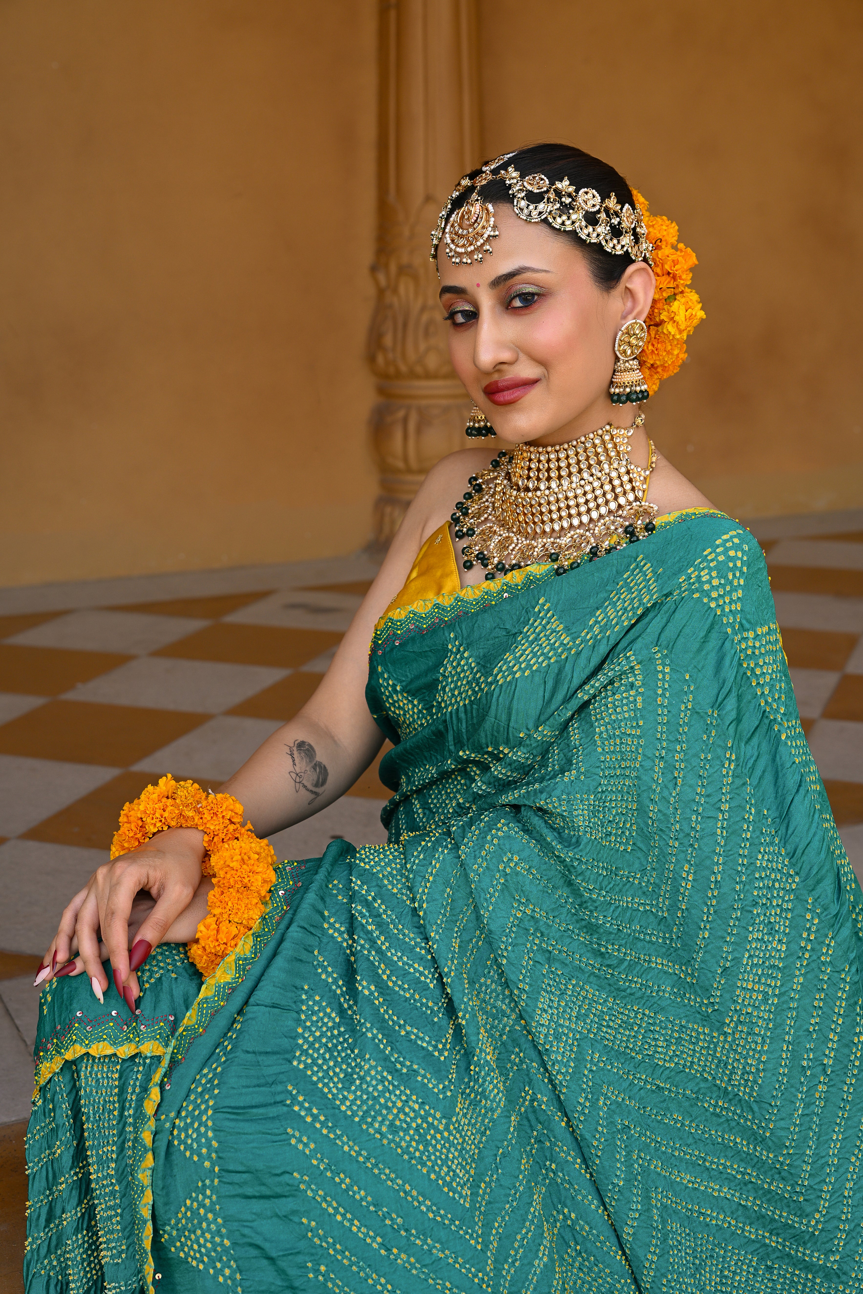 BLUE CHEVRON SILK BANDHANI EMBROIDERD SAREE WITH TASSELS