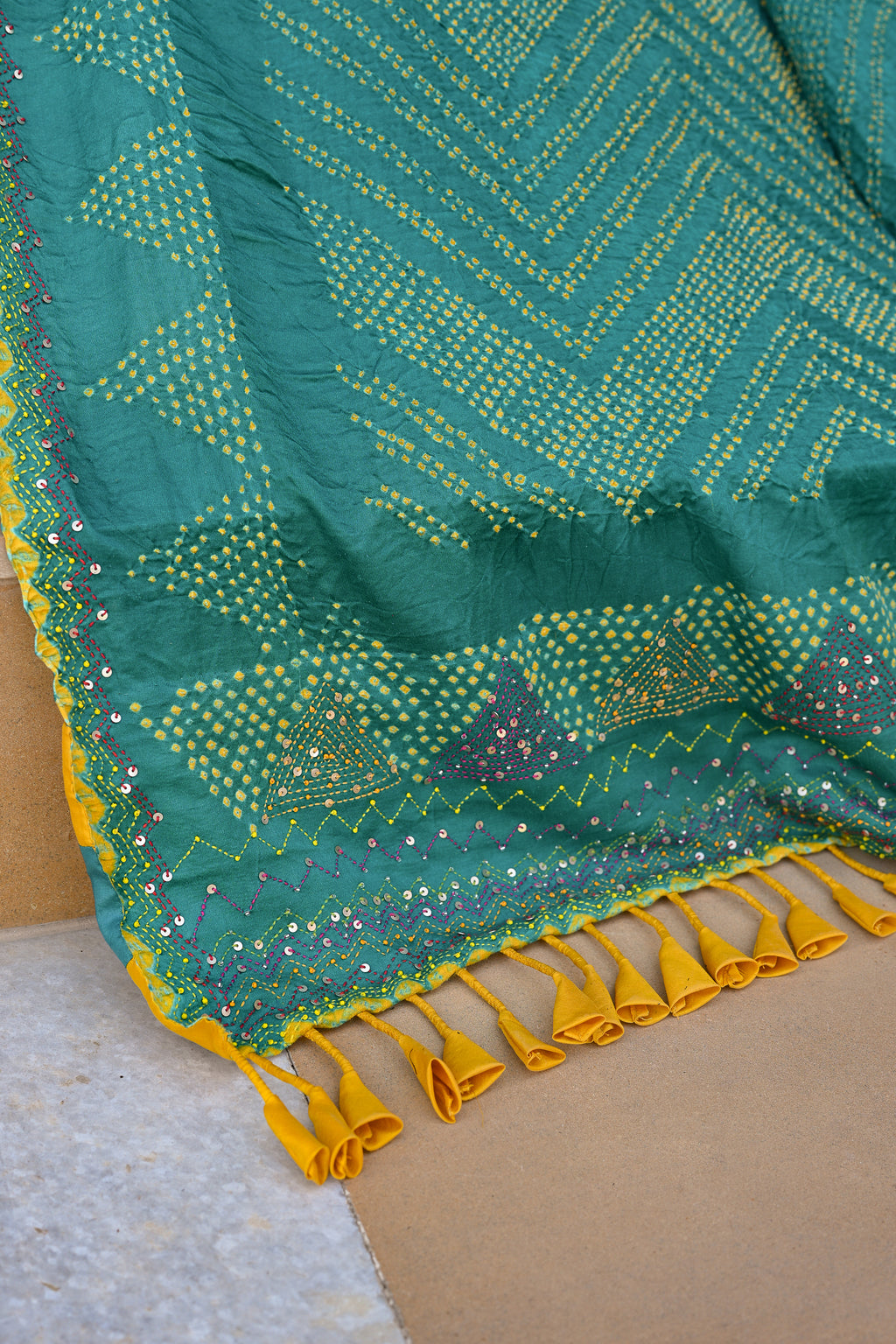 BLUE CHEVRON SILK BANDHANI EMBROIDERD SAREE WITH TASSELS