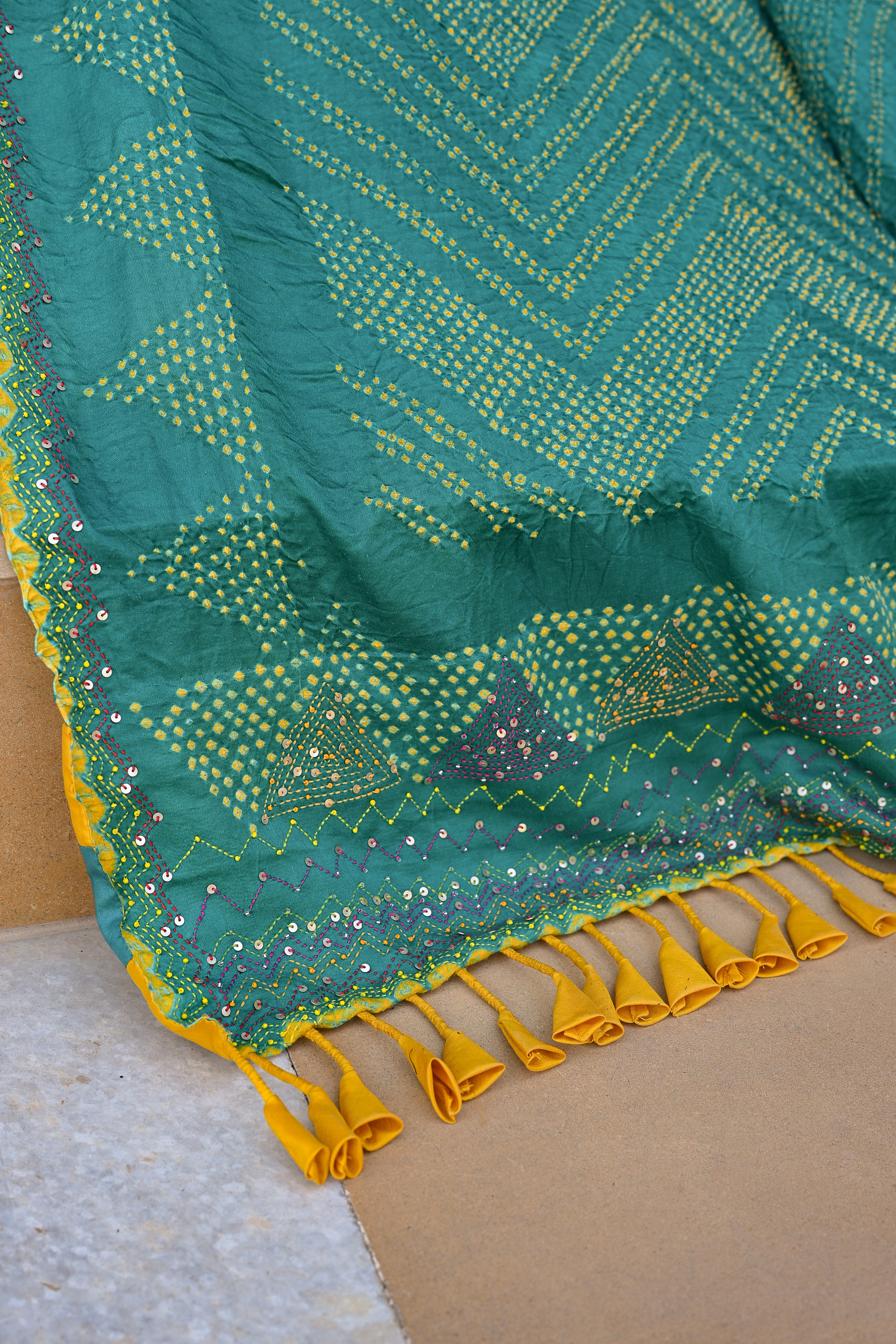 BLUE CHEVRON SILK BANDHANI EMBROIDERD SAREE WITH TASSELS