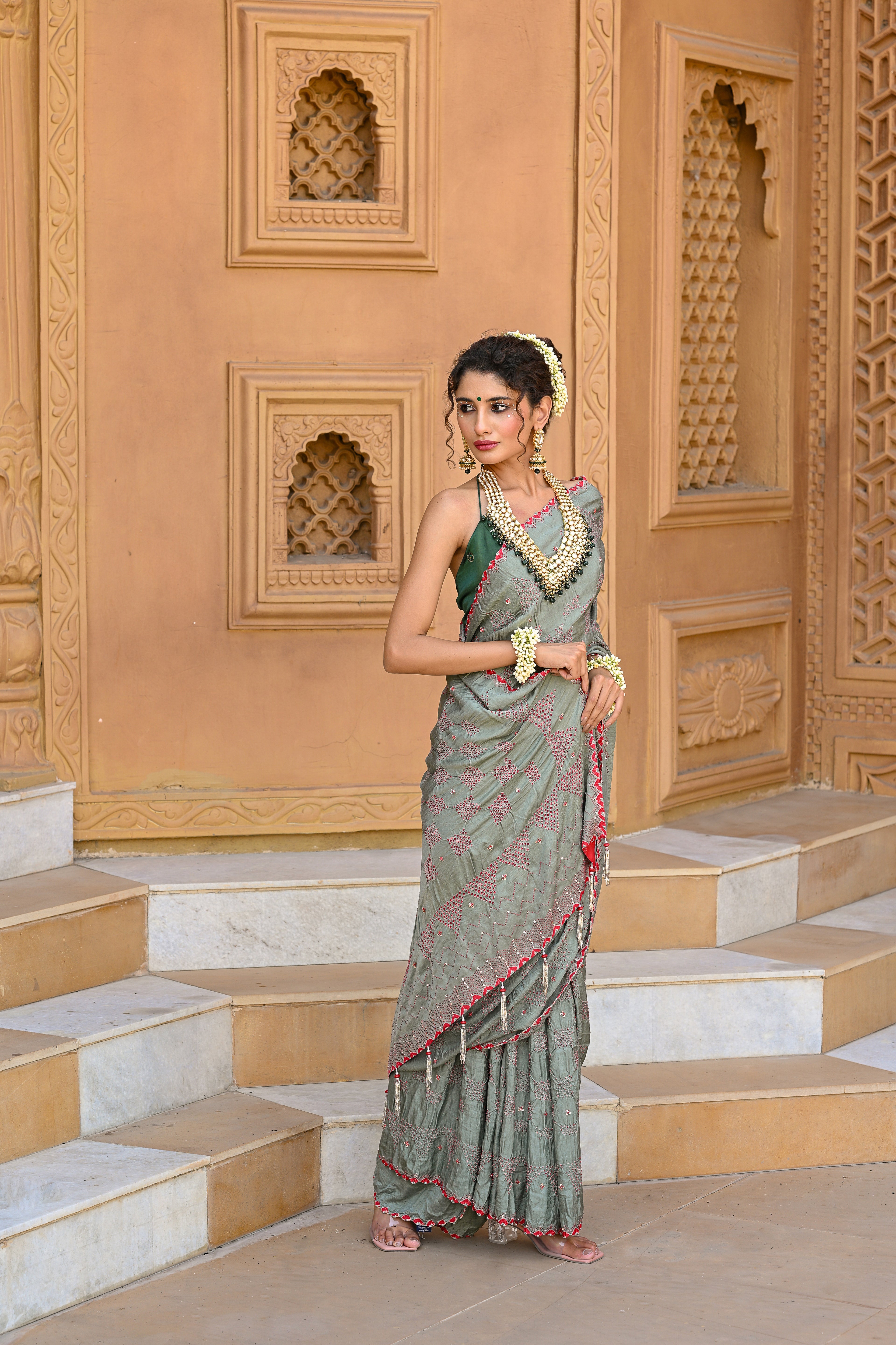 GREY DIAMOND EMBROIDERED SILK BANDHANI SAREE WITH TASSELS