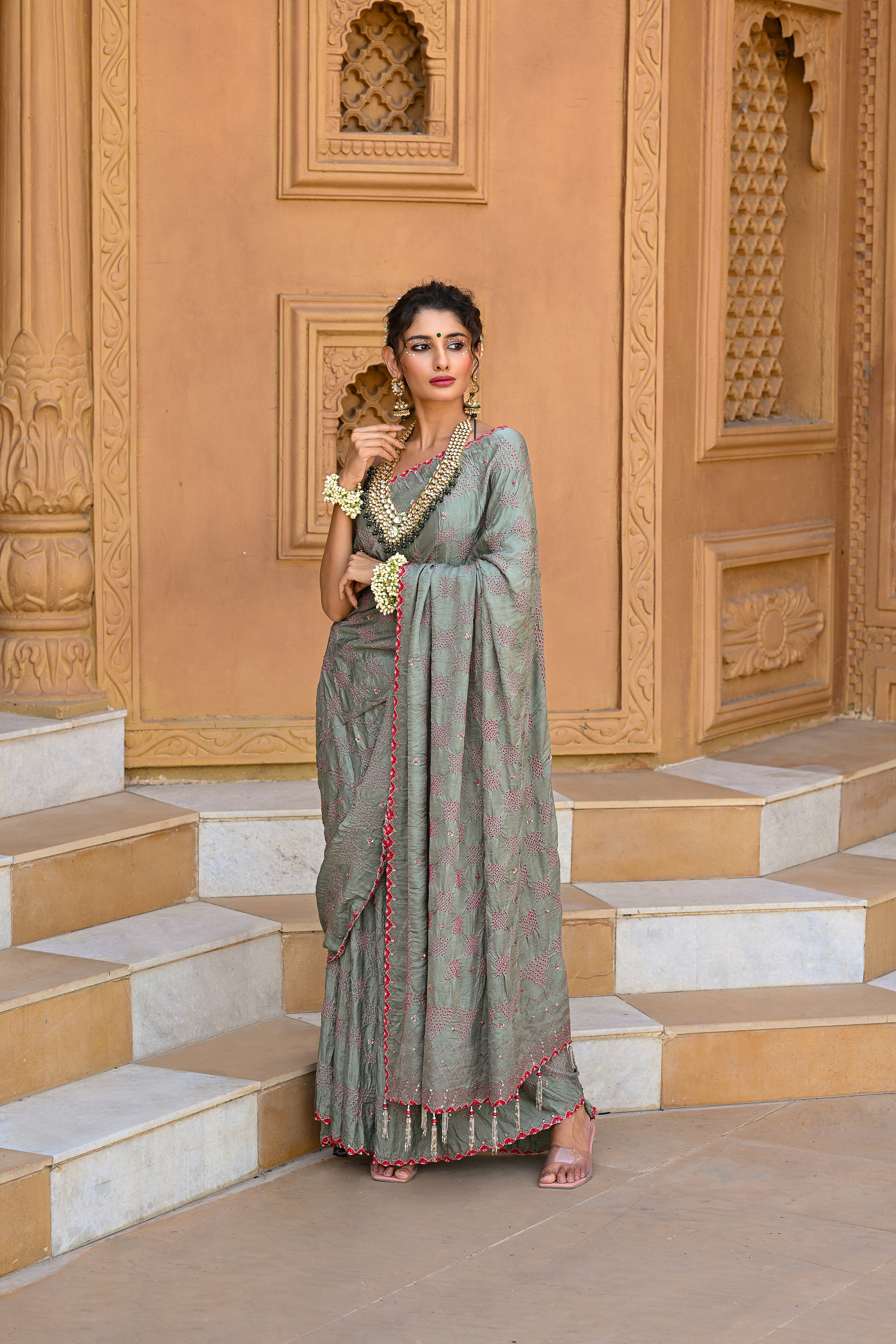 GREY DIAMOND EMBROIDERED SILK BANDHANI SAREE WITH TASSELS