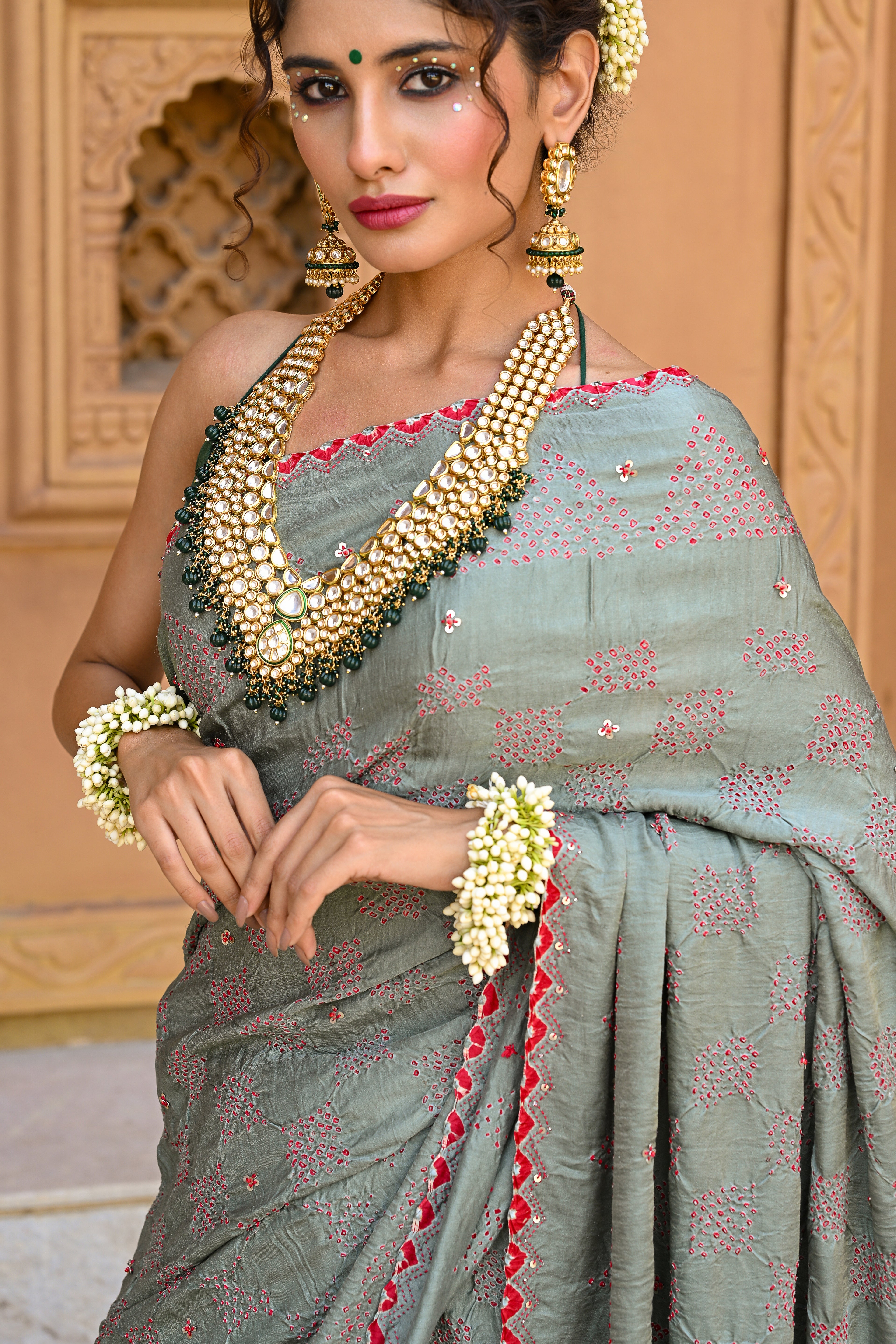 GREY DIAMOND EMBROIDERED SILK BANDHANI SAREE WITH TASSELS