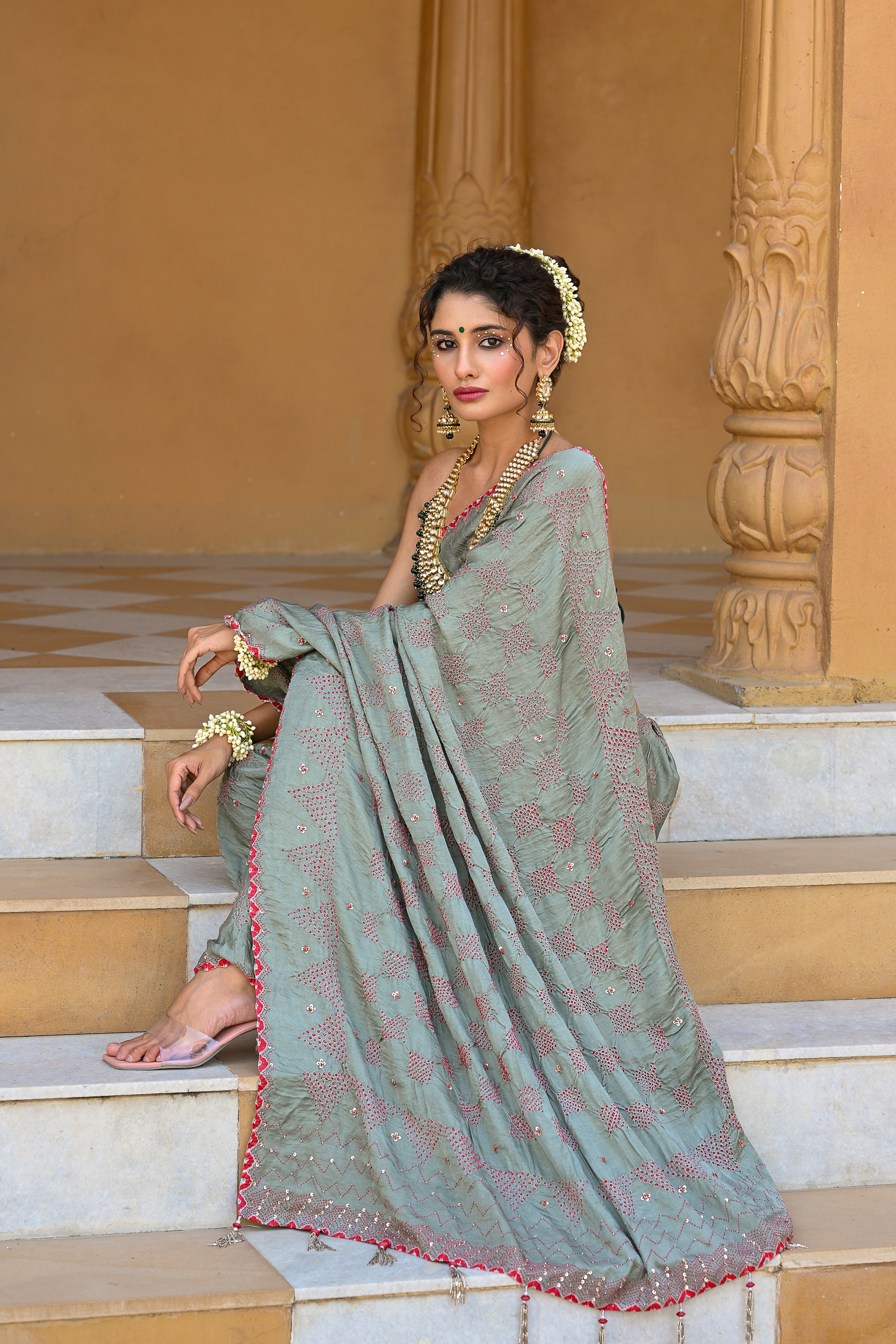 GREY DIAMOND EMBROIDERED SILK BANDHANI SAREE WITH TASSELS