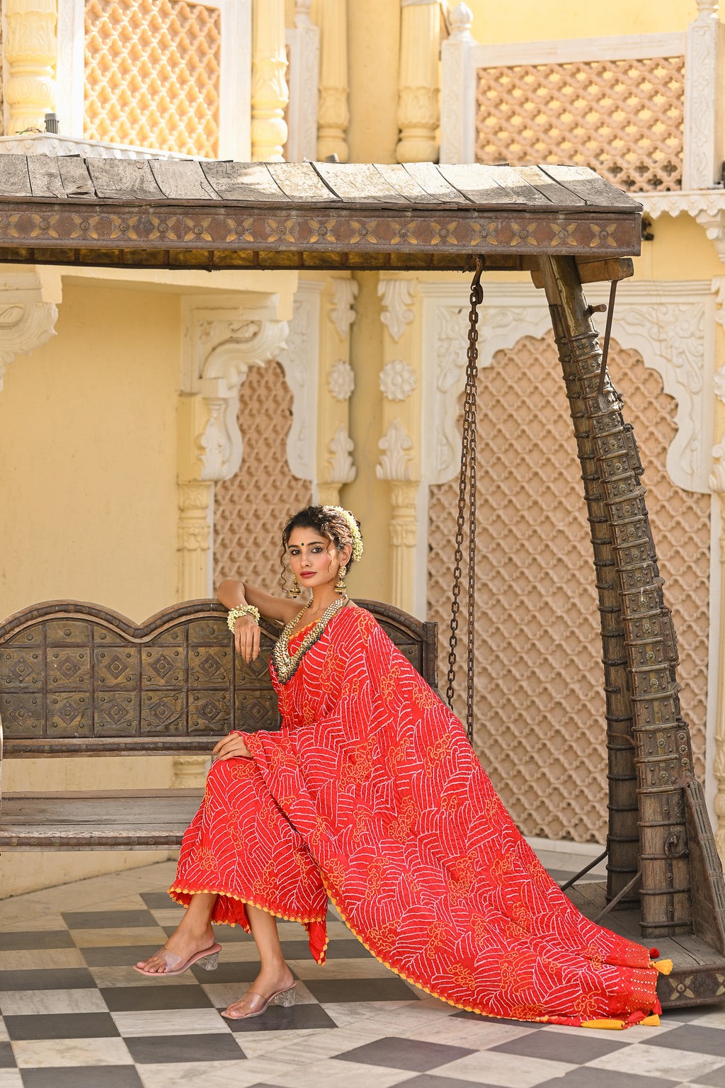 RED JAPANESE WAVE EMBROIDERED SILK BANDHANI SAREE WITH TASSELS