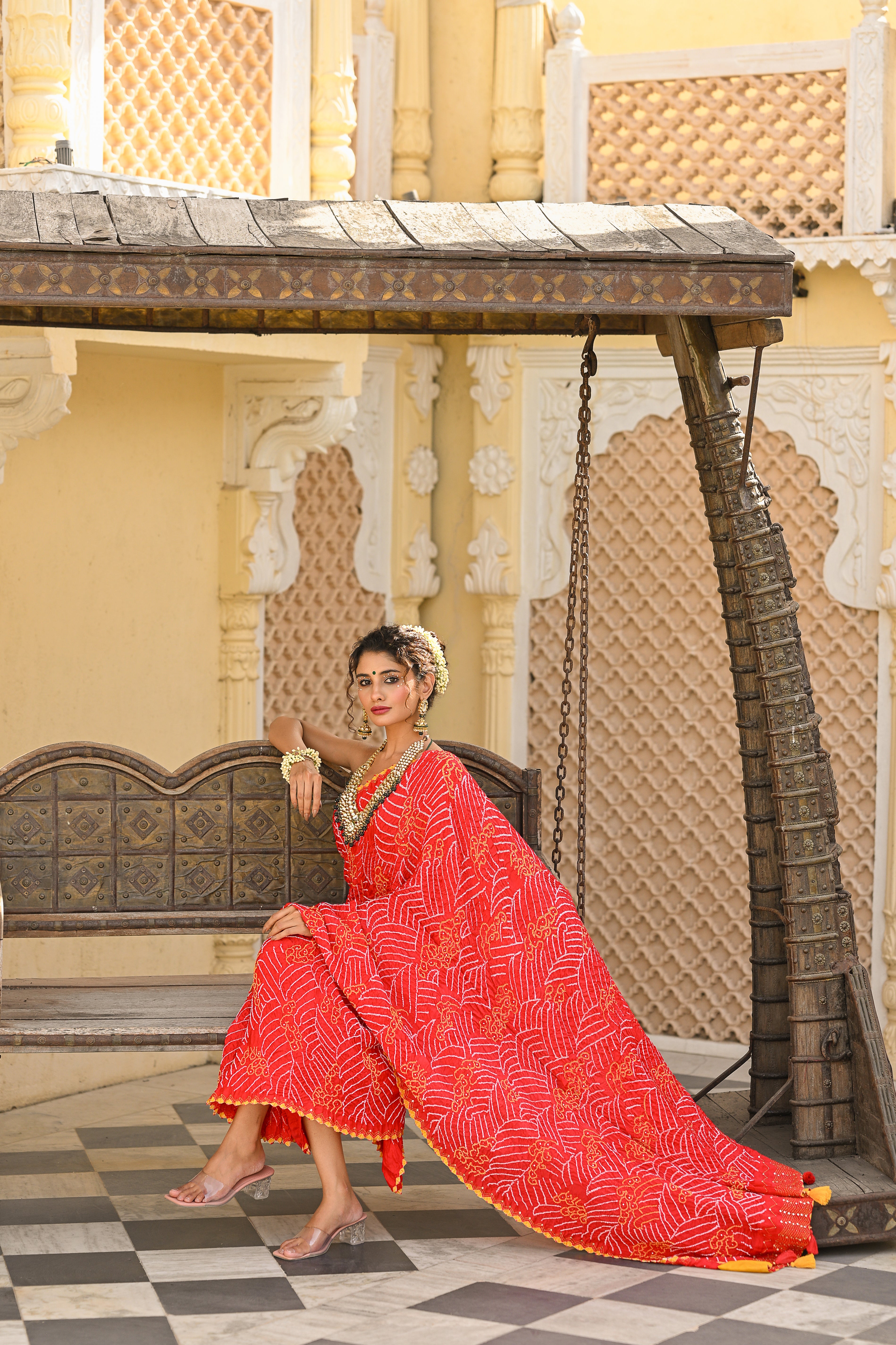 RED JAPANESE WAVE EMBROIDERED SILK BANDHANI SAREE WITH TASSELS