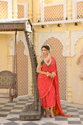RED JAPANESE WAVE EMBROIDERED SILK BANDHANI SAREE WITH TASSELS