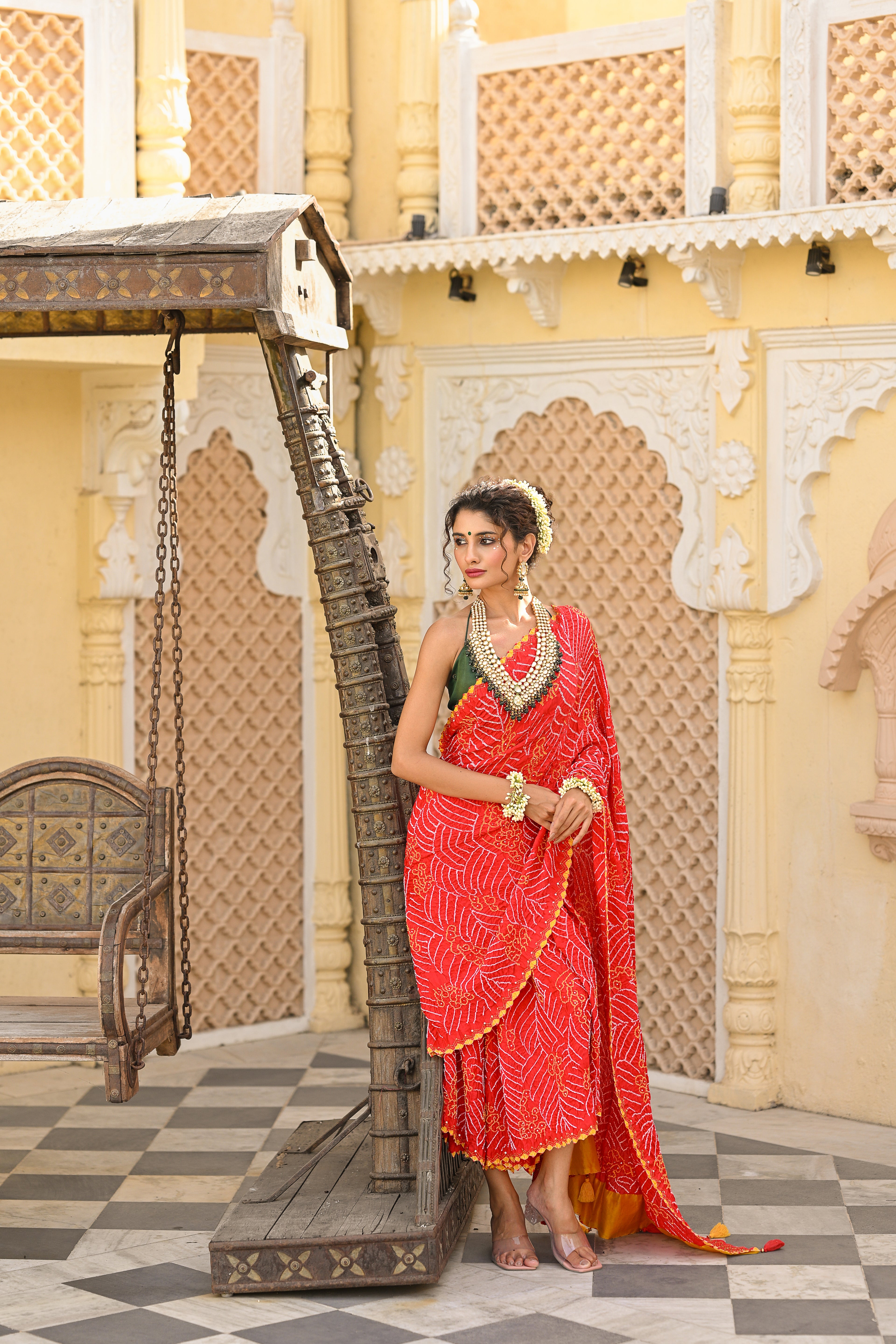 RED JAPANESE WAVE EMBROIDERED SILK BANDHANI SAREE WITH TASSELS