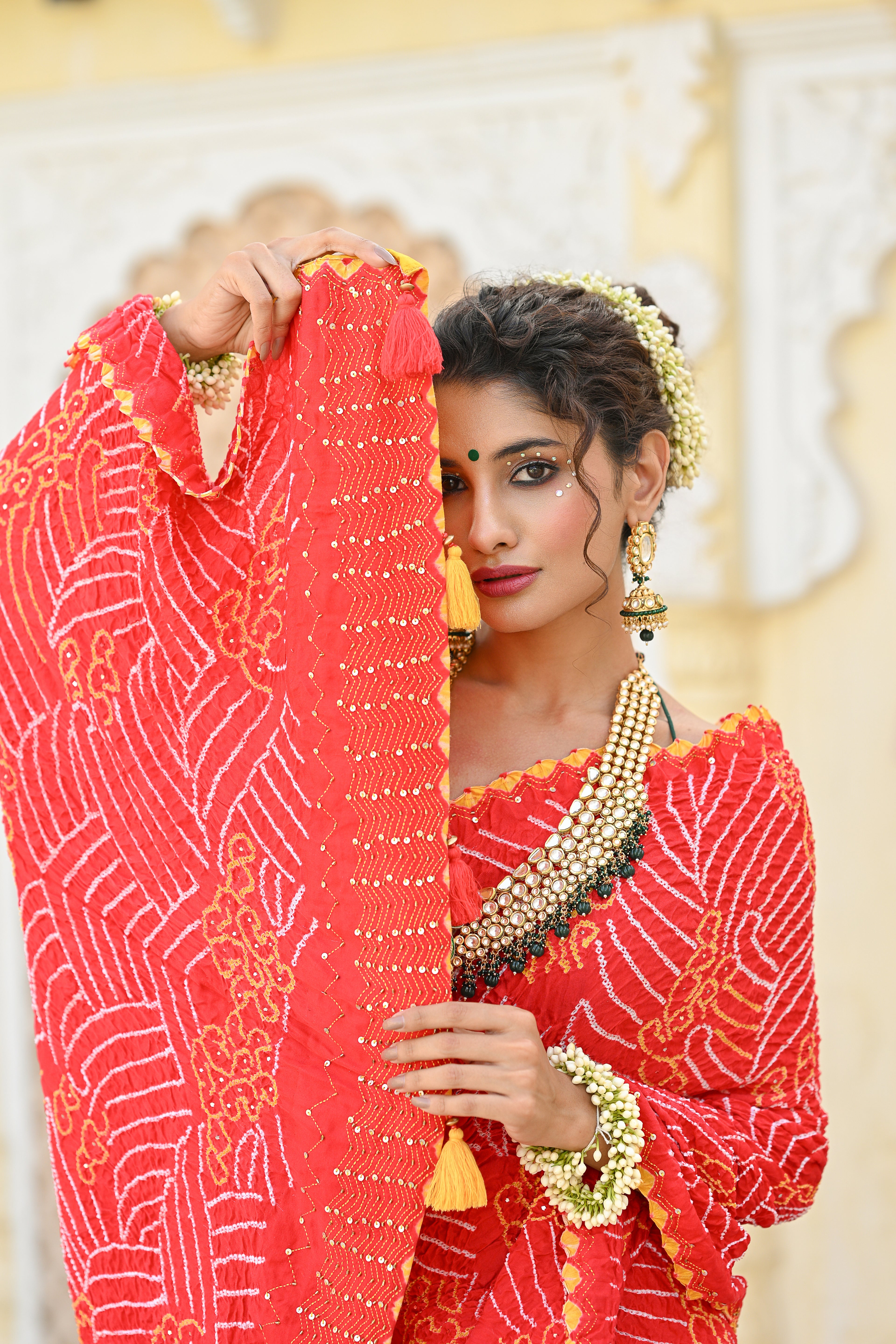 RED JAPANESE WAVE EMBROIDERED SILK BANDHANI SAREE WITH TASSELS