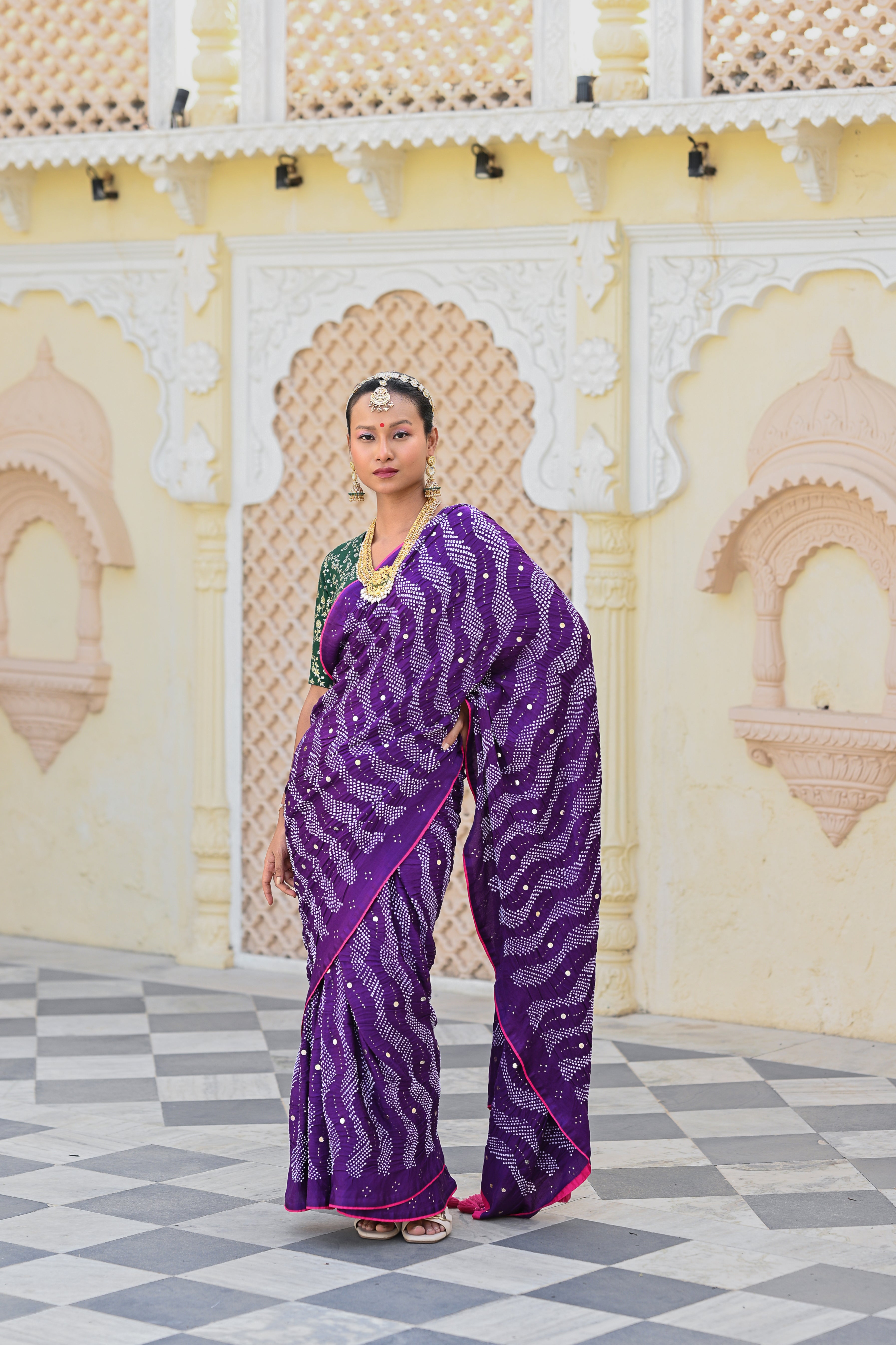 PURPLE G14 SILK BANDHANI EMBROIDERED SAREE WITH TASSELS