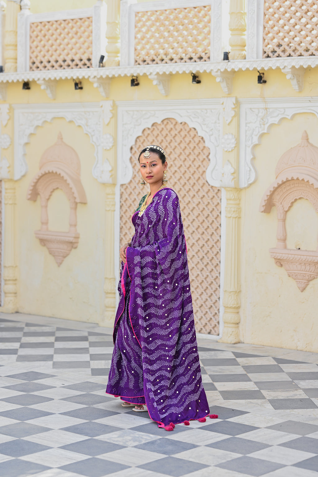 PURPLE G14 SILK BANDHANI EMBROIDERED SAREE WITH TASSELS