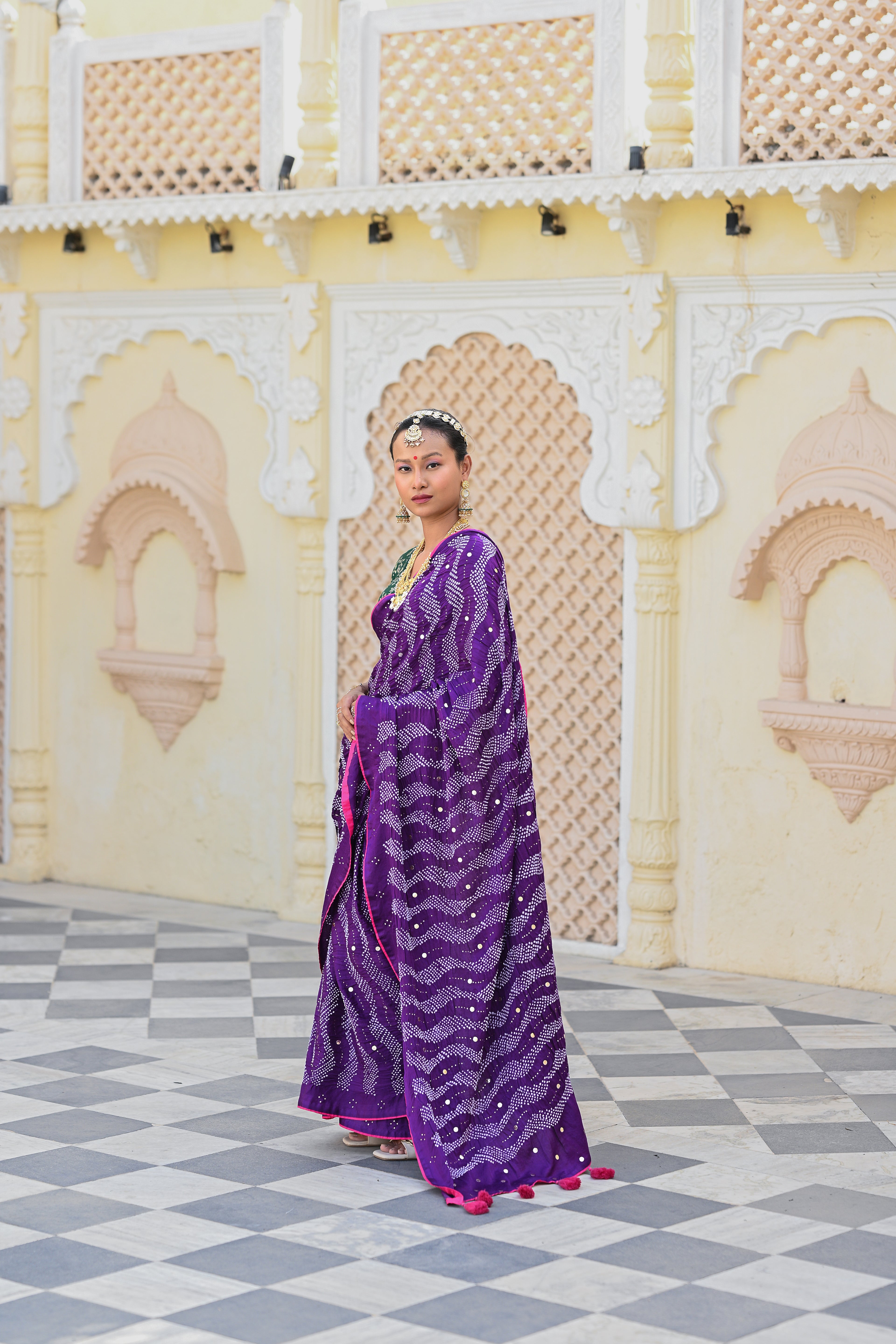 PURPLE G14 SILK BANDHANI EMBROIDERED SAREE WITH TASSELS