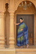 BLUE - GREEN APPLIQUE EMBROIDERED SILK BANDHANI SAREE WITH TASSELS