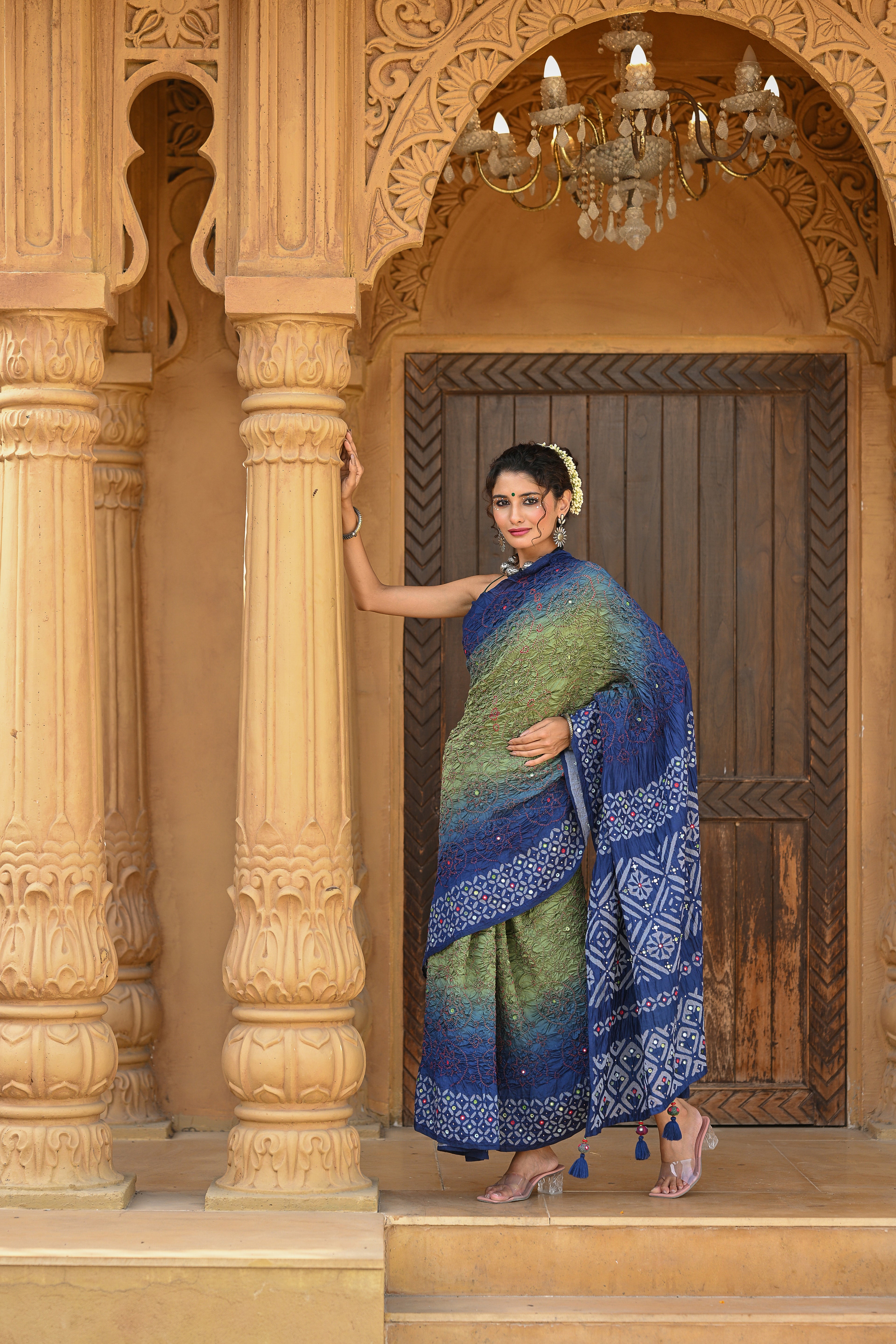 BLUE - GREEN APPLIQUE EMBROIDERED SILK BANDHANI SAREE WITH TASSELS