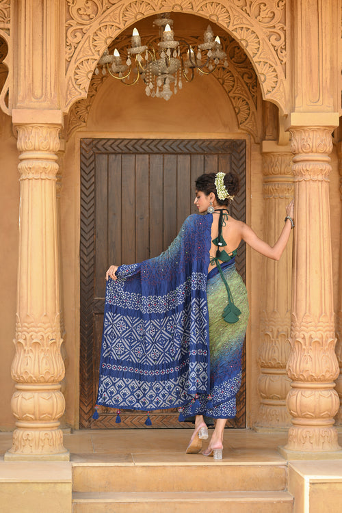 BLUE - GREEN APPLIQUE EMBROIDERED SILK BANDHANI SAREE WITH TASSELS