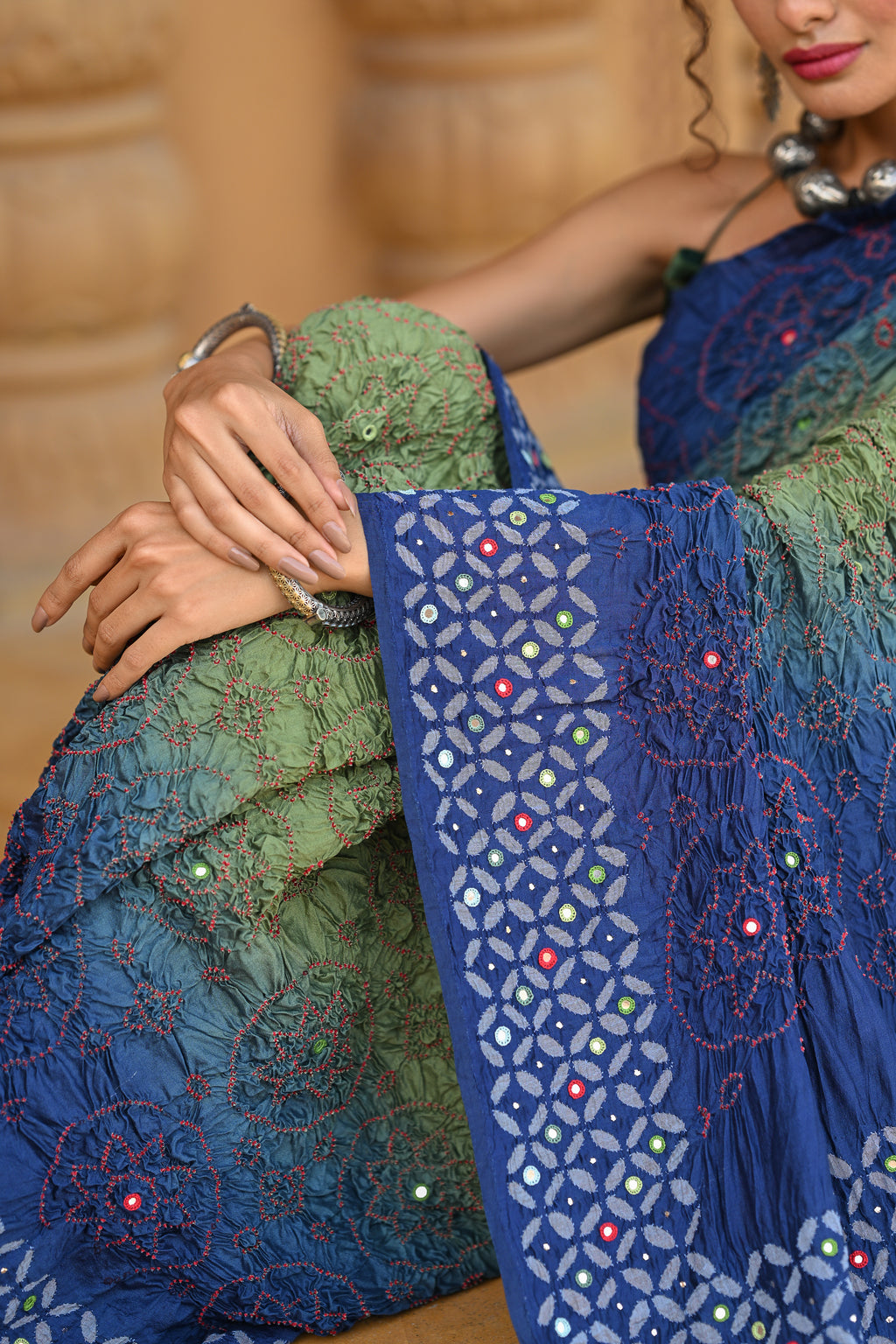 BLUE - GREEN APPLIQUE EMBROIDERED SILK BANDHANI SAREE WITH TASSELS