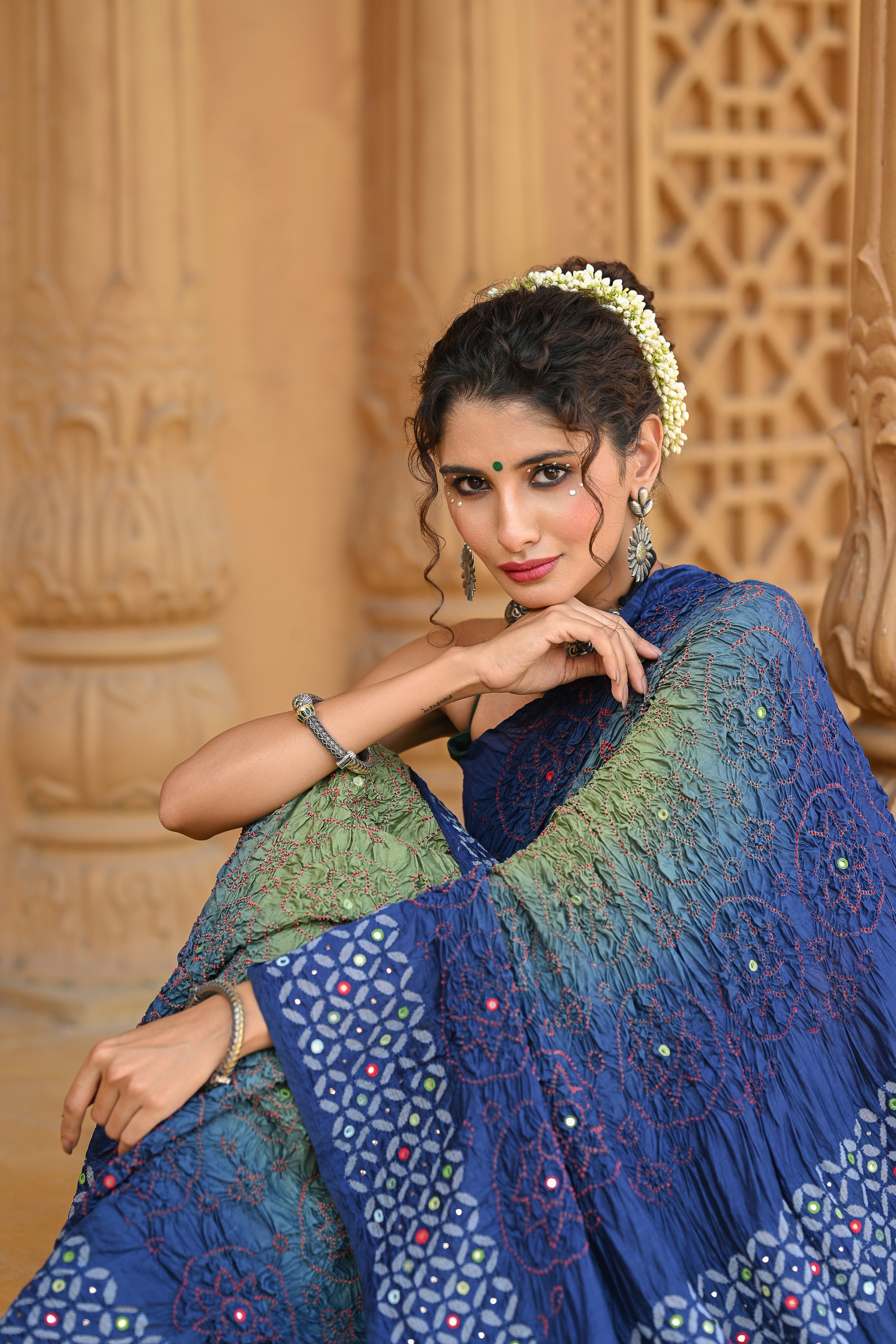 BLUE - GREEN APPLIQUE EMBROIDERED SILK BANDHANI SAREE WITH TASSELS