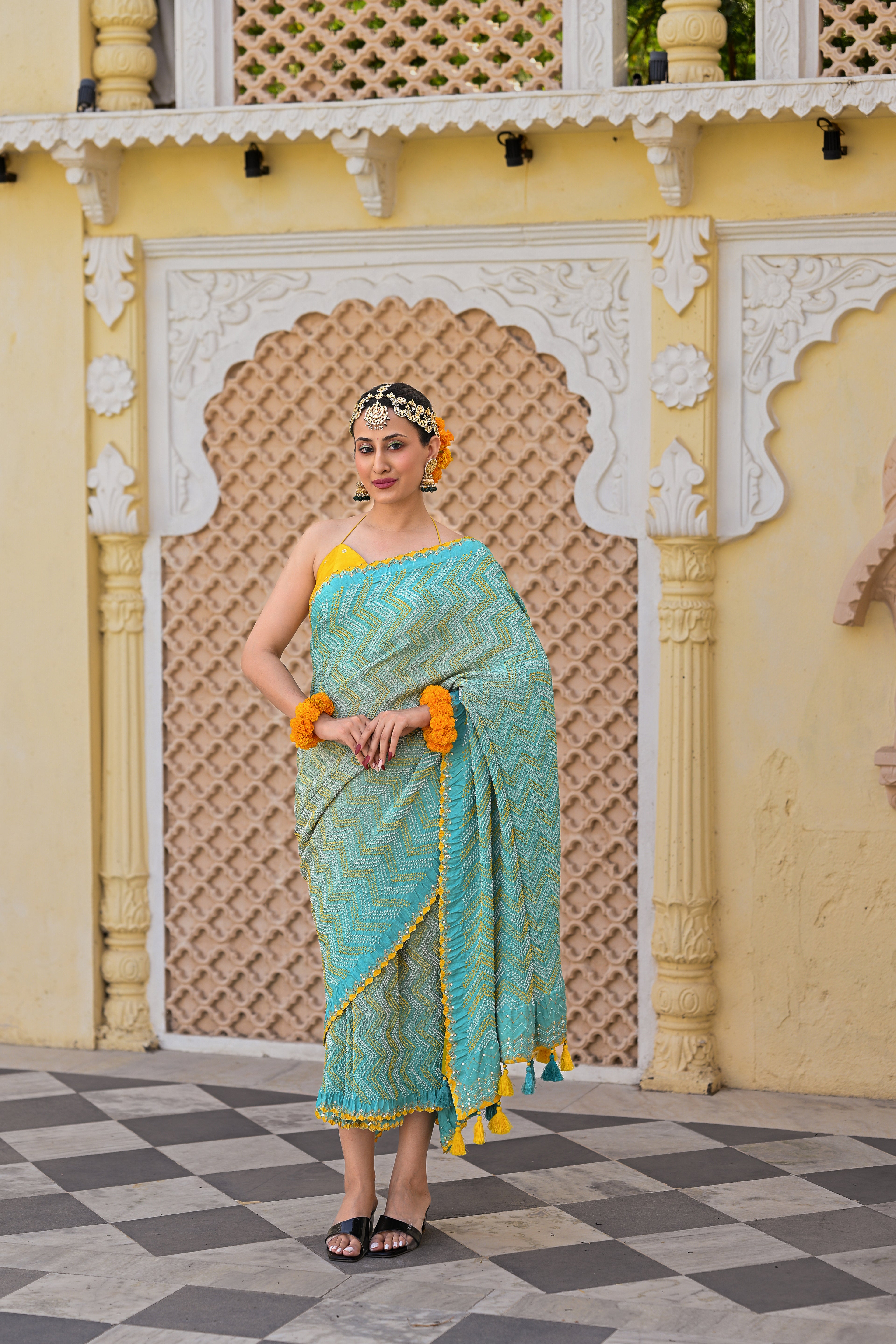 LIGHT BLUE CHEVRON SILK BANDHANI SEMBROIDERED SAREE WITH TASSELS
